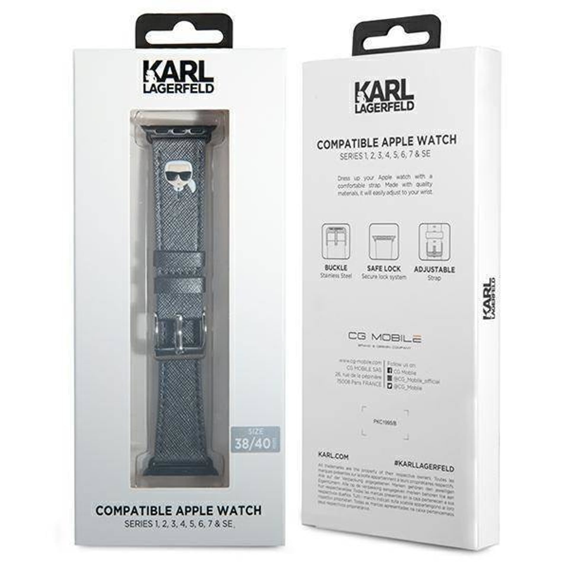 

Oryginalne Etui APPLE WATCH 38 / 40 / 41 MM Karl Lagerfeld Strap Saffiano Karl Heads (KLAWMOKHG) srebrne, Klawmokhg) srebrn