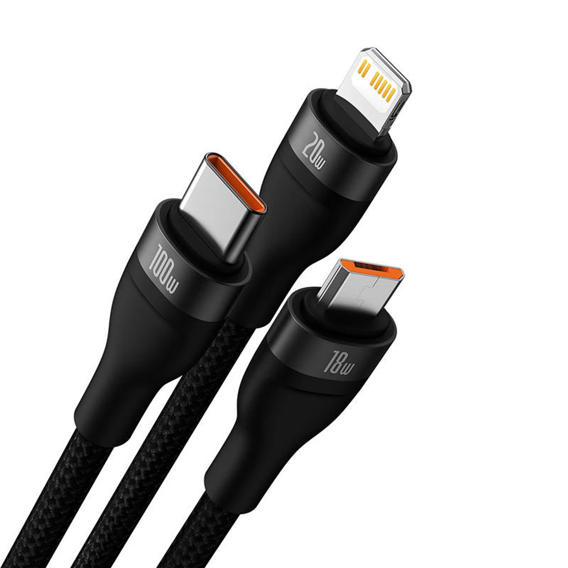 

Kabel USB 3w1 Baseus Flash Series 2, USB-C + micro USB + Lightning, 100W, 1.2m (czarny)