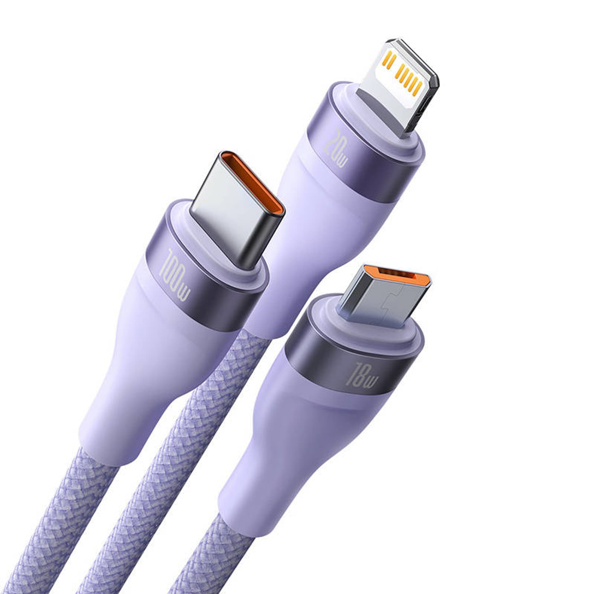 

Kabel USB 3w1 Baseus Flash Series 2, USB-C + micro USB + Lightning, 100W, 1.5m (fioletowy)