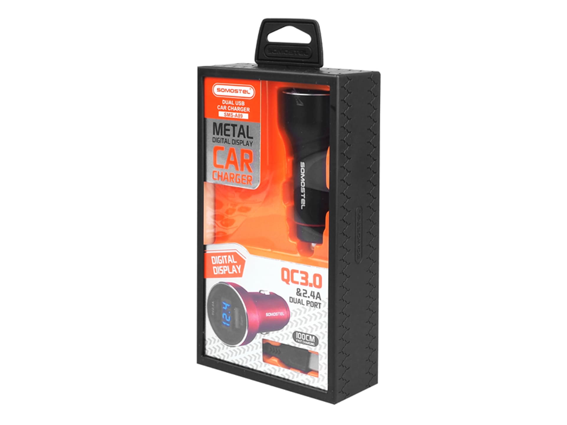

1 szt. Ładowarka samochodowa Somostel SMS-A89 Quick Charger 3.0, 2 x USB, 5 A, 30 W, miernik + kabel USB Type-C, czarna.