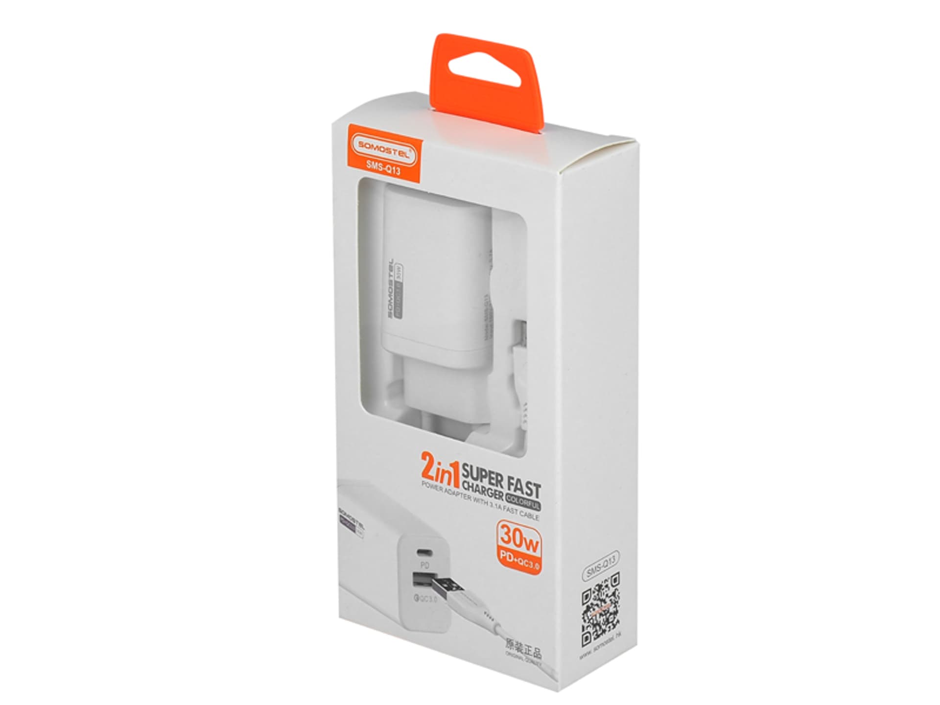 

ŁADOWARKA SIECIOWA 30W + KABEL TYP-C, BIAŁA, SOMOSTEL POWER DELIVERY Q13 USB + PD. (1LM)