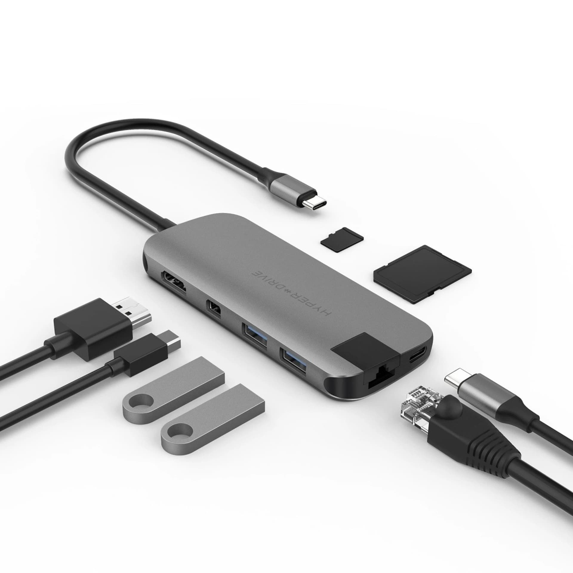 

Stacja dokująca Hyper SLIM 8-in-1 USB-C HUB, Gigabit Ethernet, 4K HDMI, MicroSD,SD, 2x USB-A, 60W USB-C power delivery, Mini Display Port