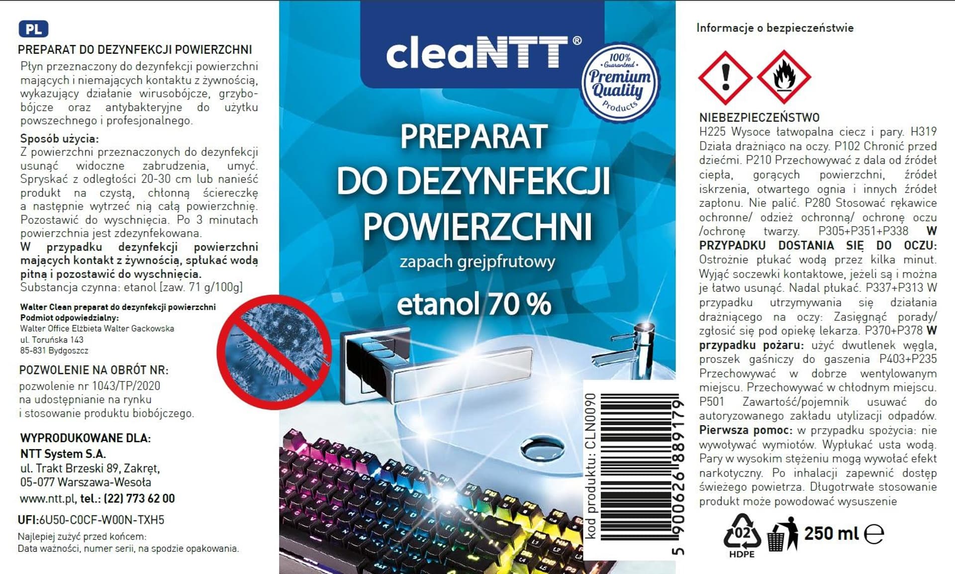 

Preparat do dezynfekcji powierzchni cleaNTT CLN0090 o zapachu grejpfrutowym, 250 ml