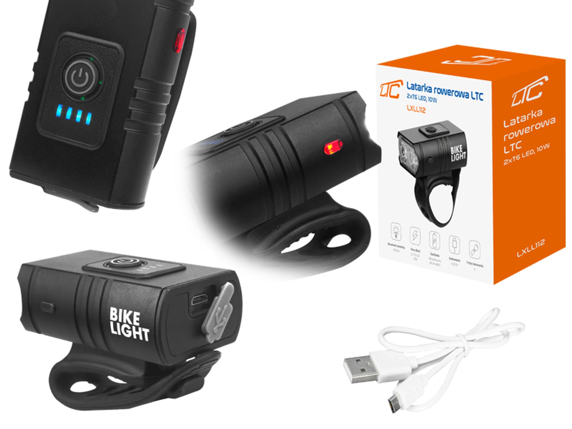 

1 szt. Latarka rowerowa LTC 2 x LED T6 10 W, akumulator 1200 mAh, Micro USB 5 V, czarna.