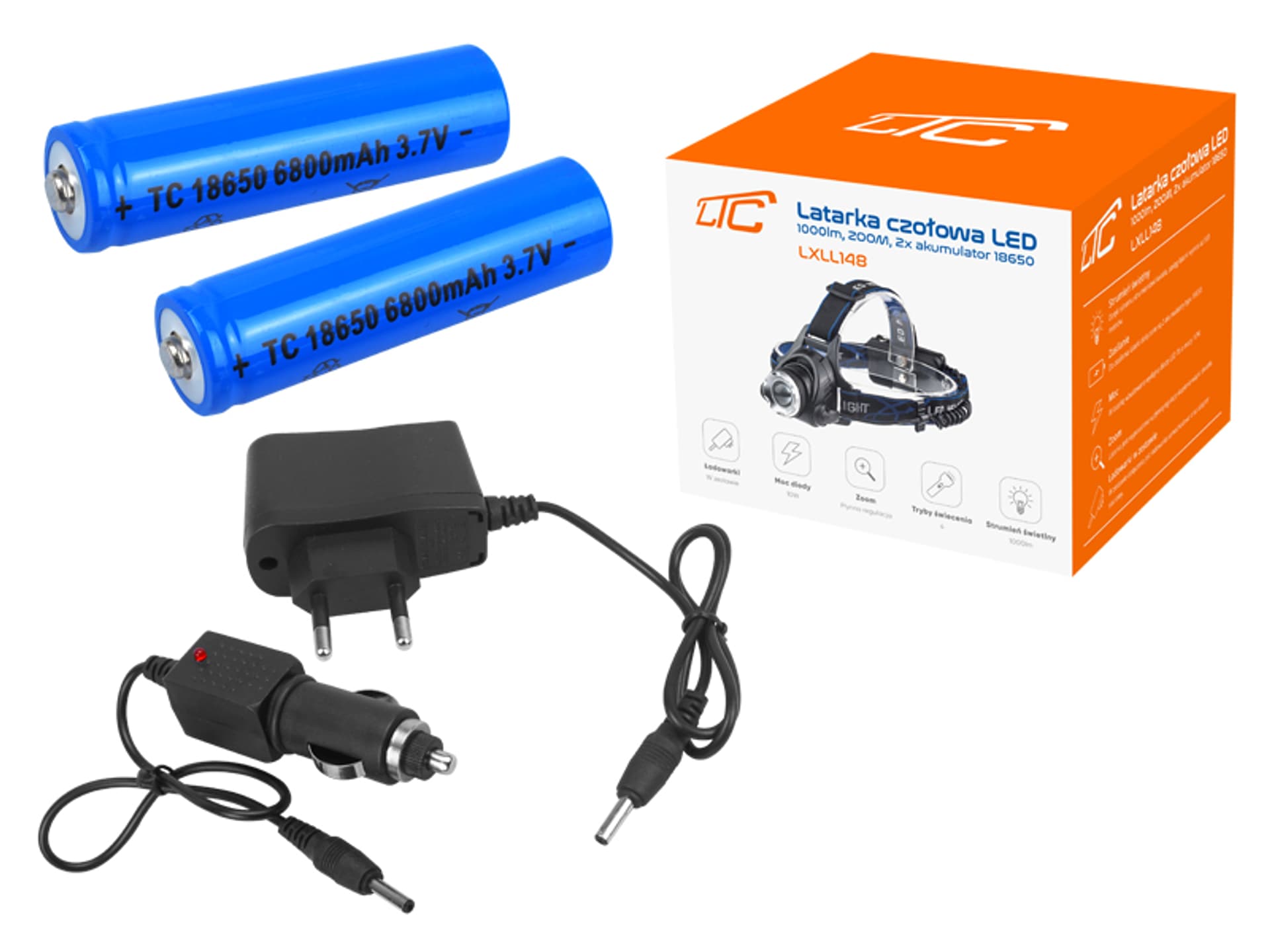 

1 szt. Latarka czołowa LTC LED, 1000 lm, Zoom, 2 x akumulator 18650 + ładowarka sieciowa, samochodowa.