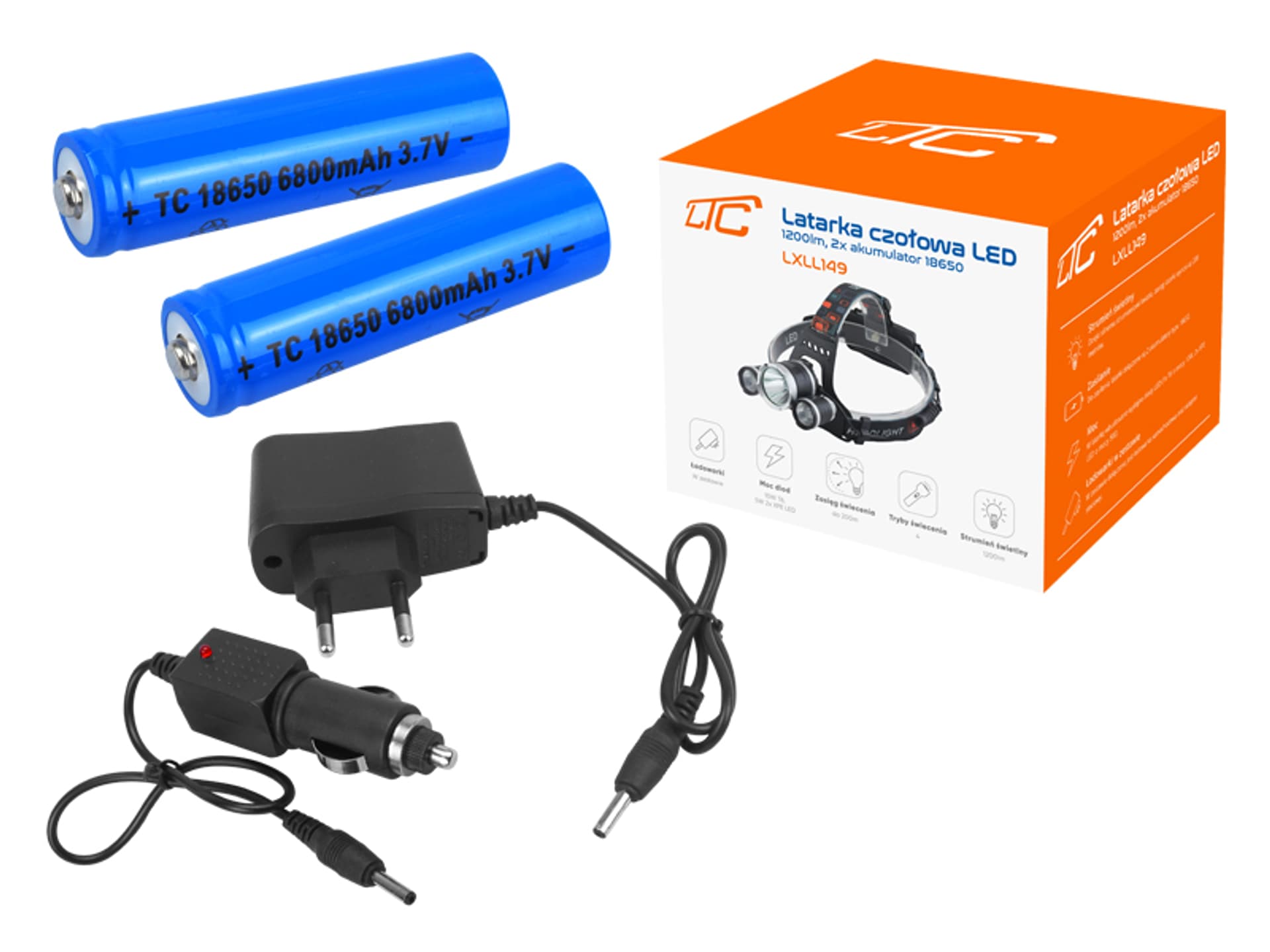 

1 szt. PS Latarka czołowa LTC 3-LED T6 1200lm, akumulator 2x18650, ładowarka sieciowa, samochodowa, 4-stopniowa regulacja.