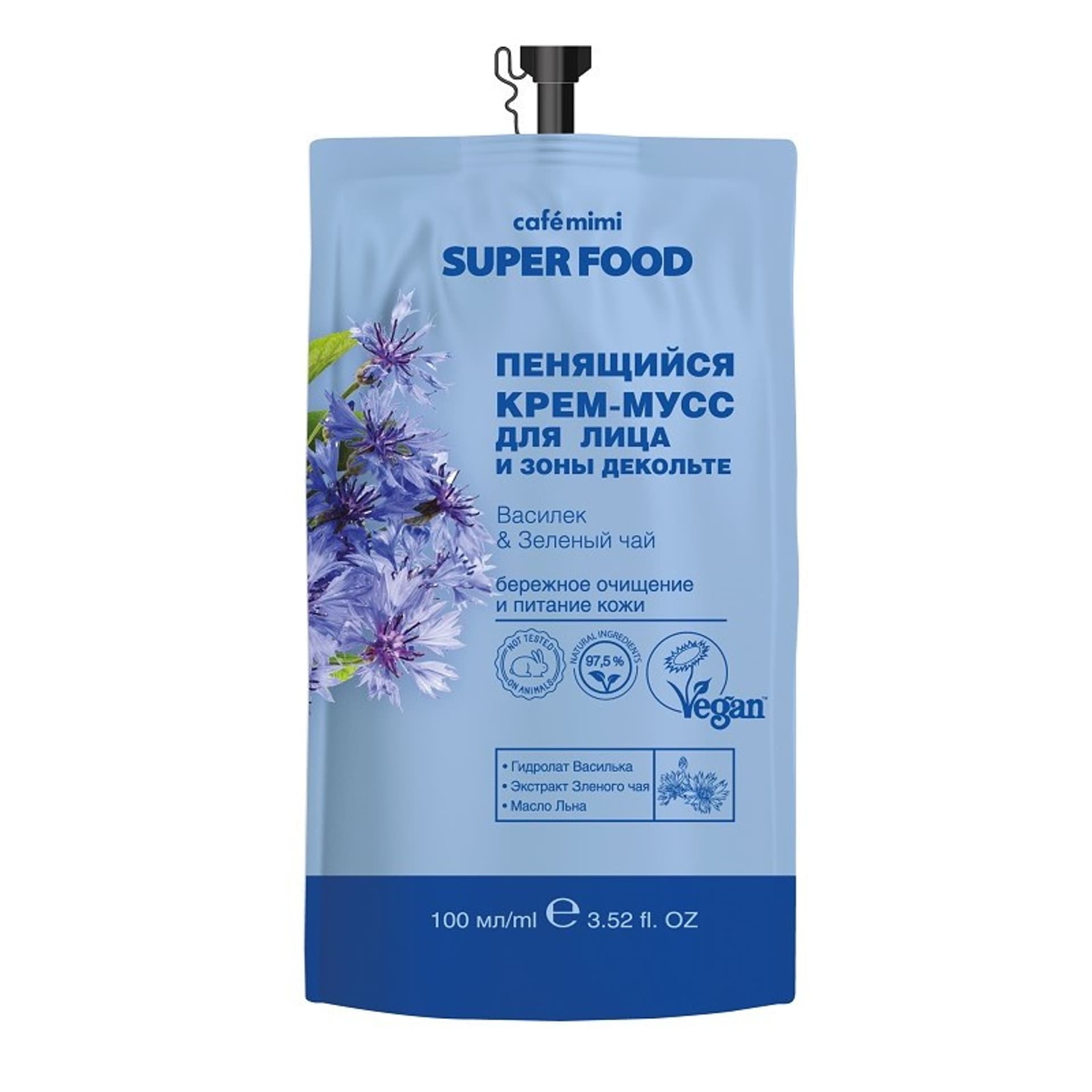 

Pieniący się kremowy mus do twarzy i dekoltu, Bławatek i Zielona Herbata, 100 ml - CAFE MIMI