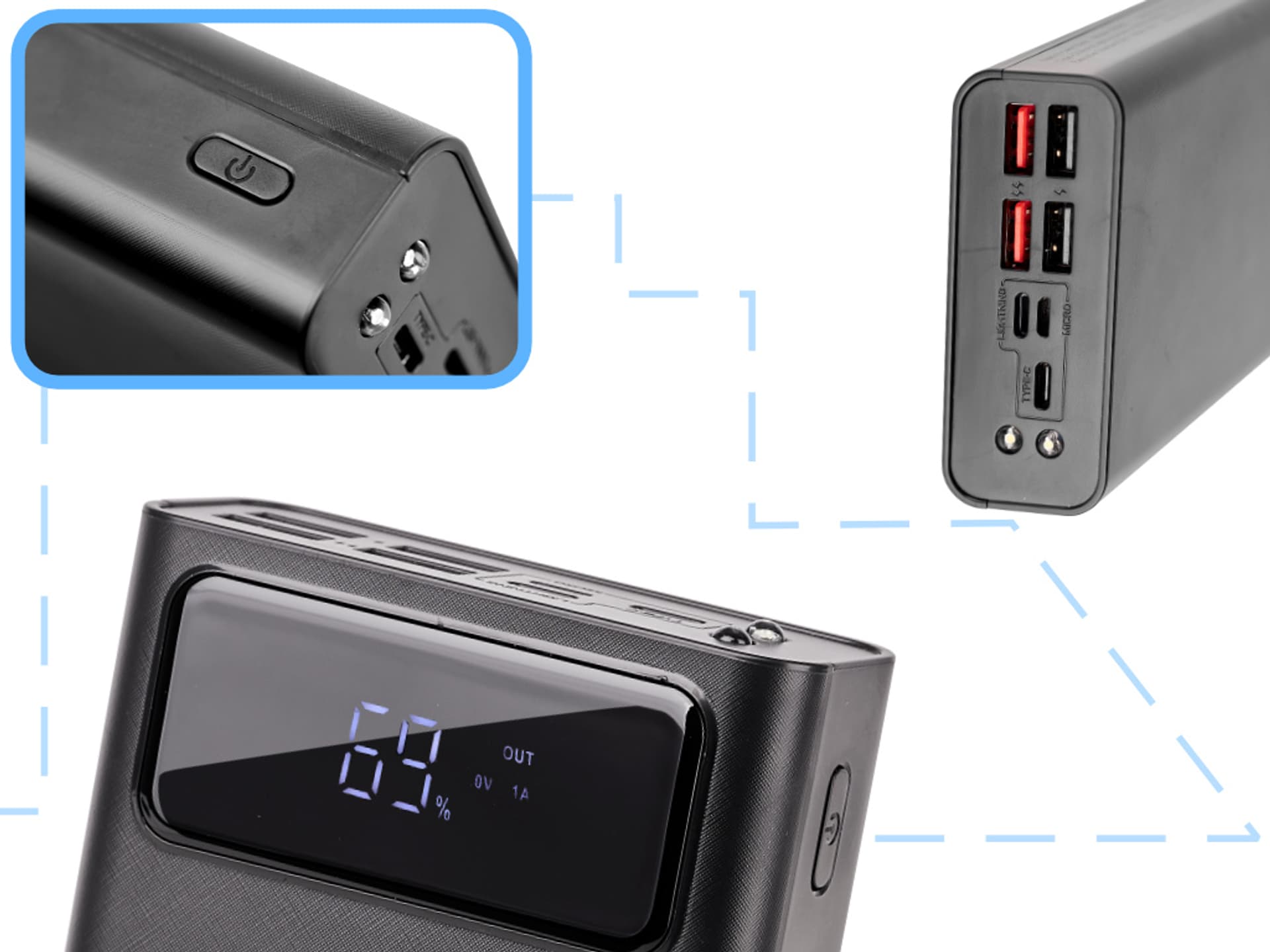 

L-BRNO Powerbank Power Bank 30000mAh z cyfrowym ekranem 4x USB LED latarka czarny