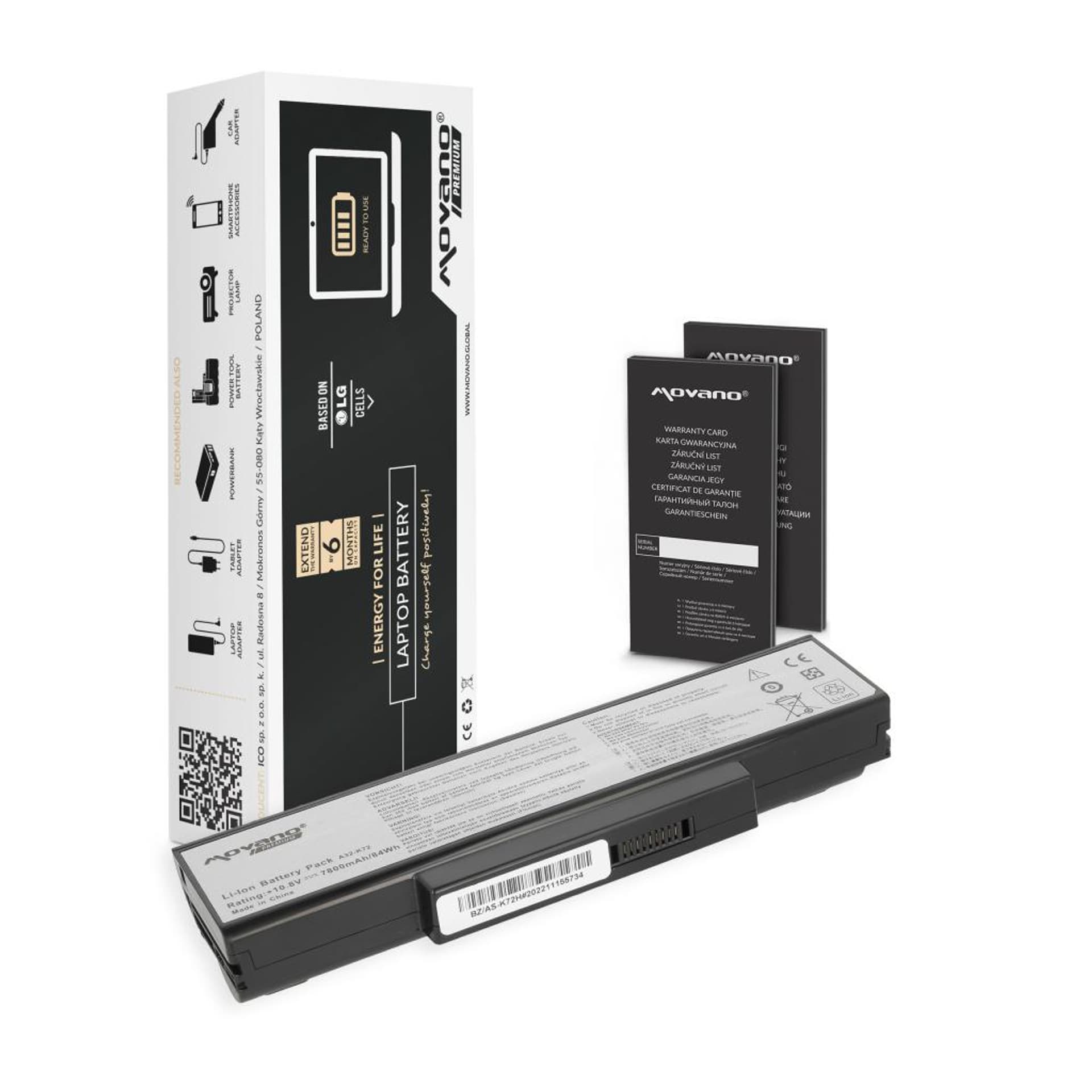 

Bateria Movano Premium do Asus K72, K73, N73, X77 (7800mAh)