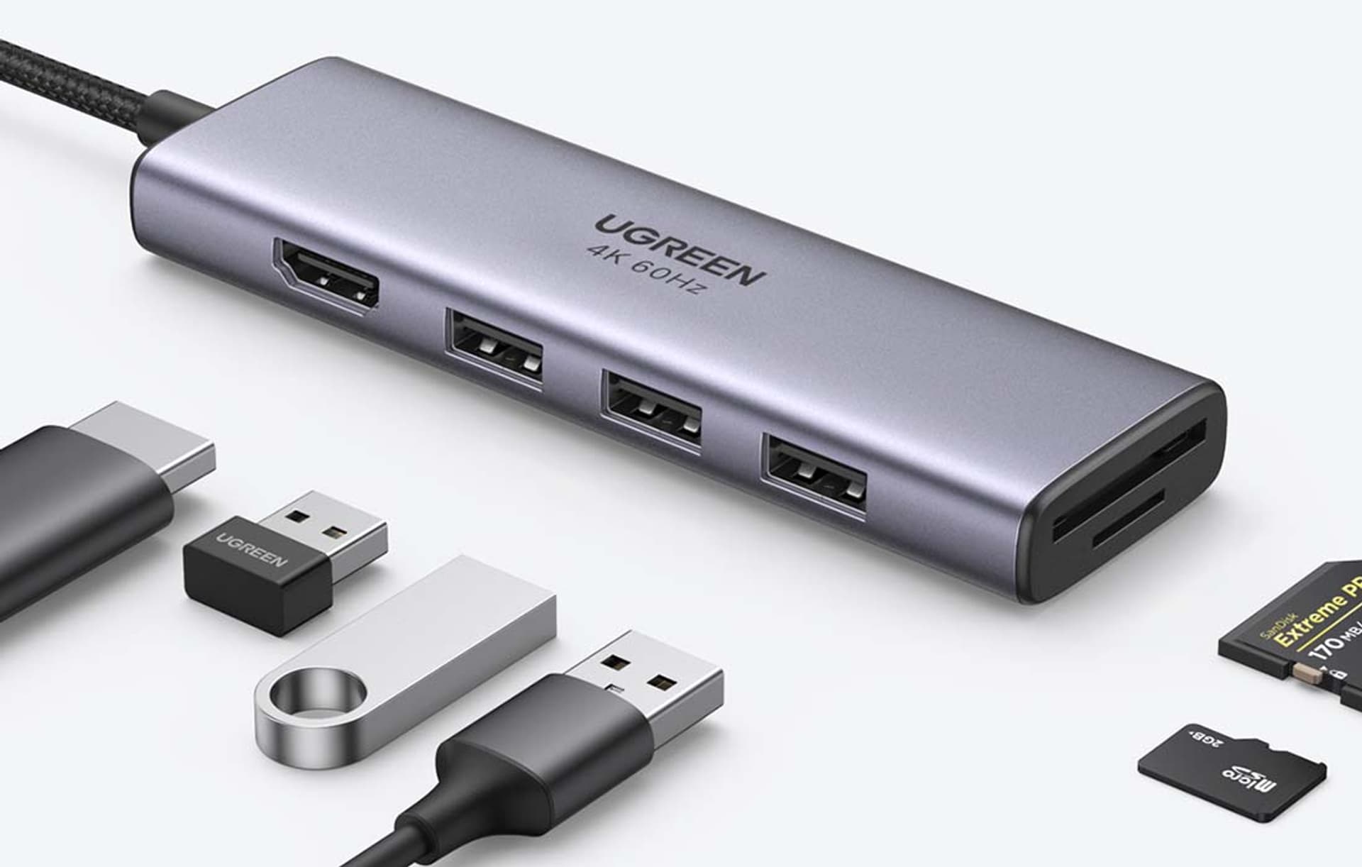 

Adapter 5w1 UGREEN CM511 Hub USB-C do 3 portów USB3.0 + HDMI + TF/SD (szary)