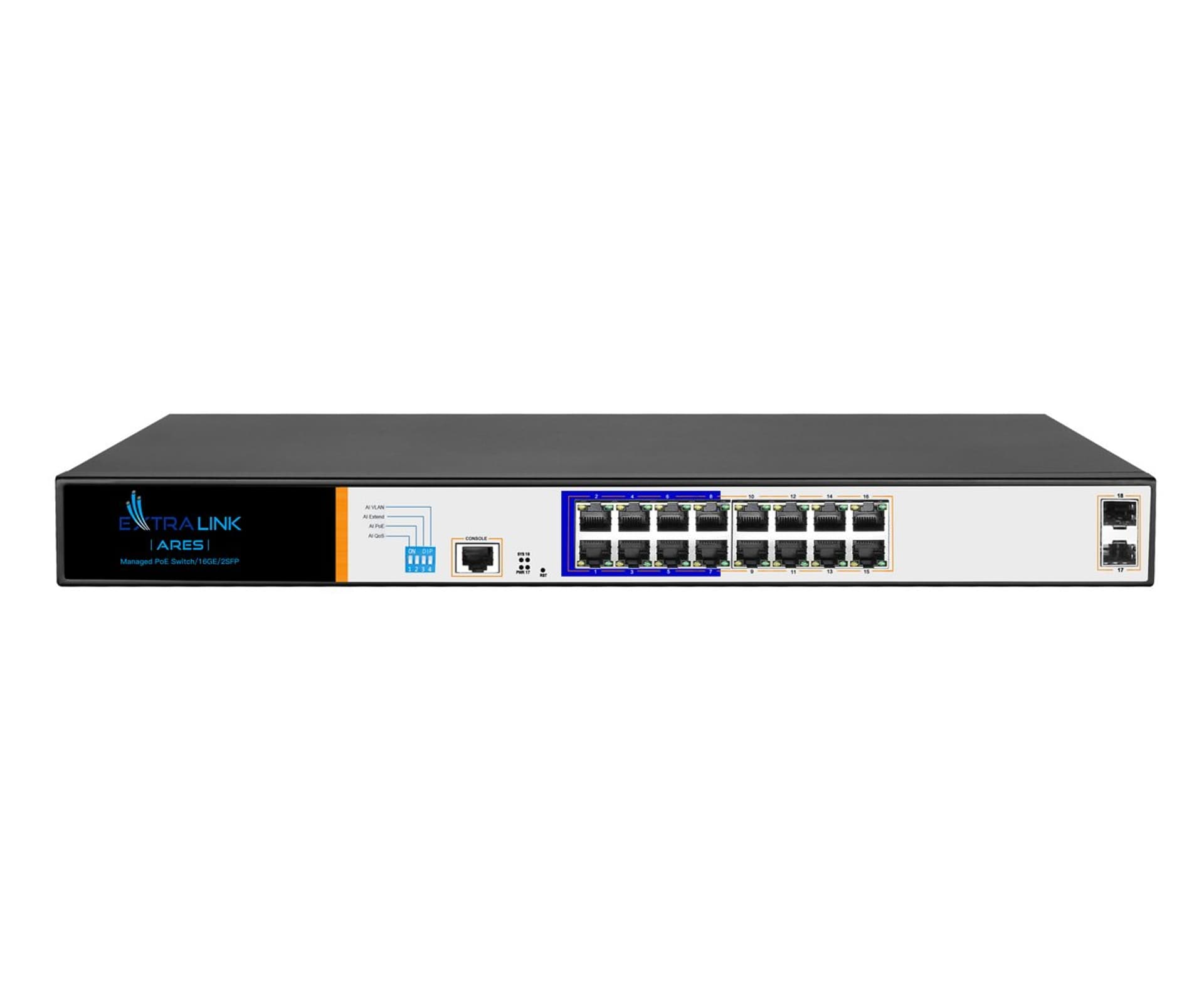 

EXTRALINK ARES FULL GIGABIT MANAGED POE SWITCH 16 PORTS 10/100/1000M TX WITH POE, CONSOLE PORT, AND 2X GE SFP, 150W