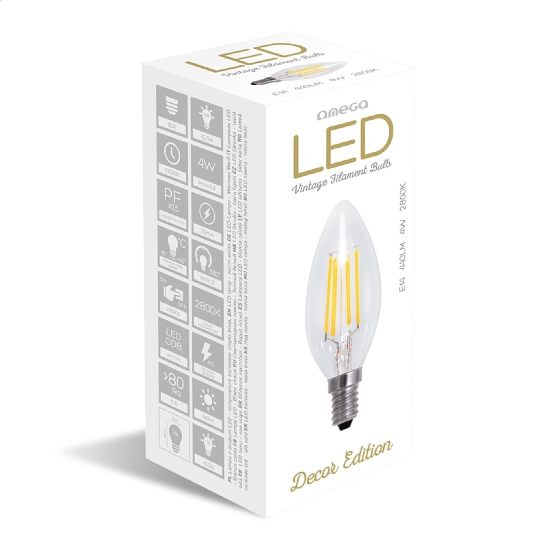 

OMEGA LED BULB ŻARÓWKA LED FILAMENT E14 2800K 4W CANDLE 175-250V [43552]