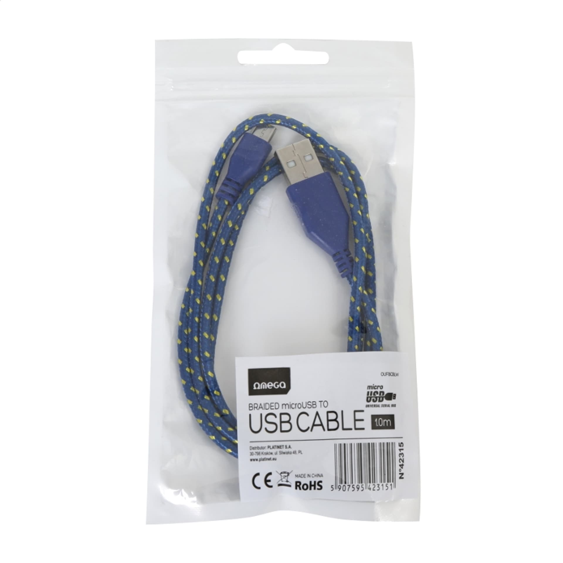 

OMEGA REPTILE FABRIC BRAIDED MICRO USB TO USB CABLE KABEL 1M BLUE & YELLOW TE [42315]