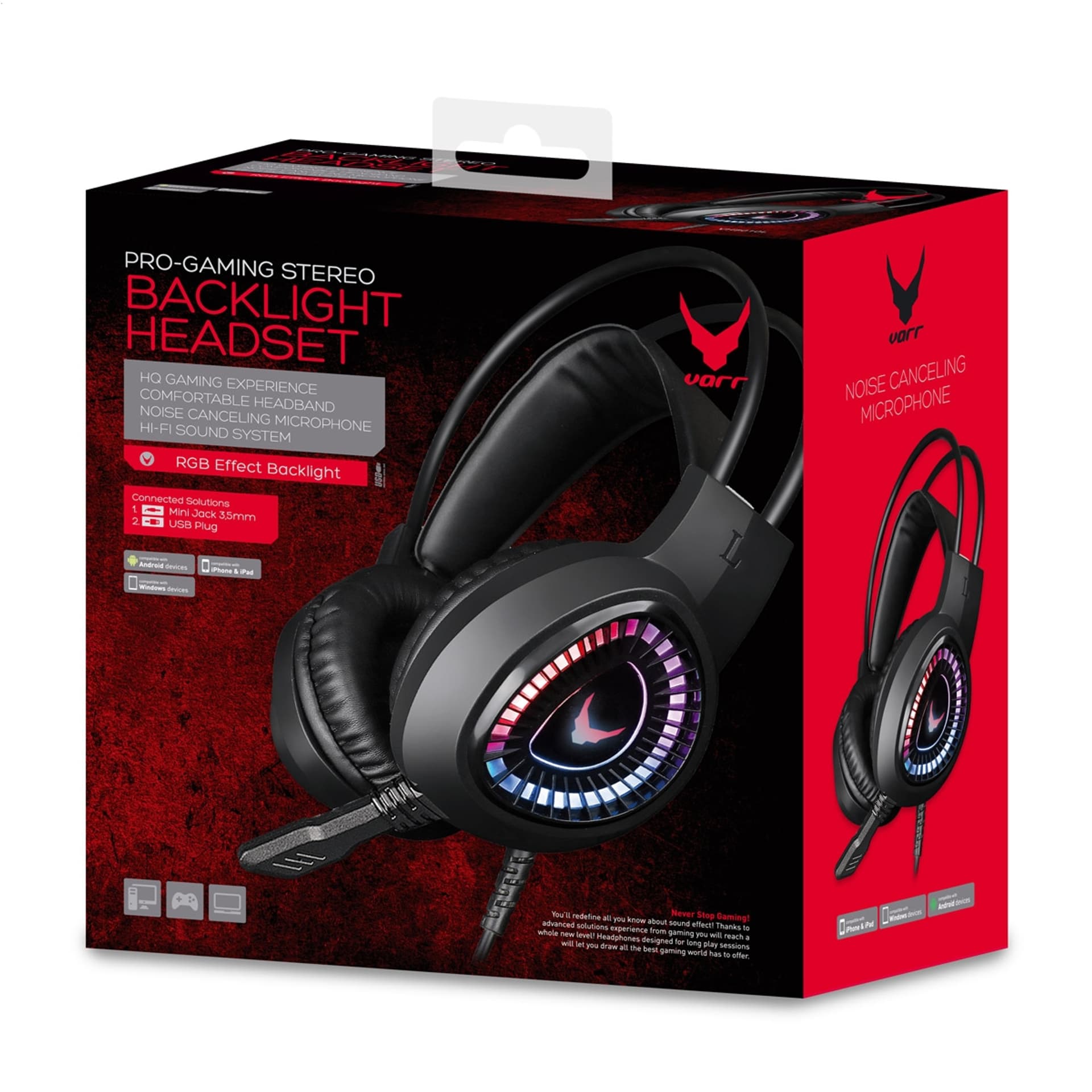 

VARR GAMING RGB HEADPHONES WITH MIC SŁUCHAWKI NAUSZNE Z MIKROFONEM STEREO LITE 3,5MM USB BLACK [45559] TE