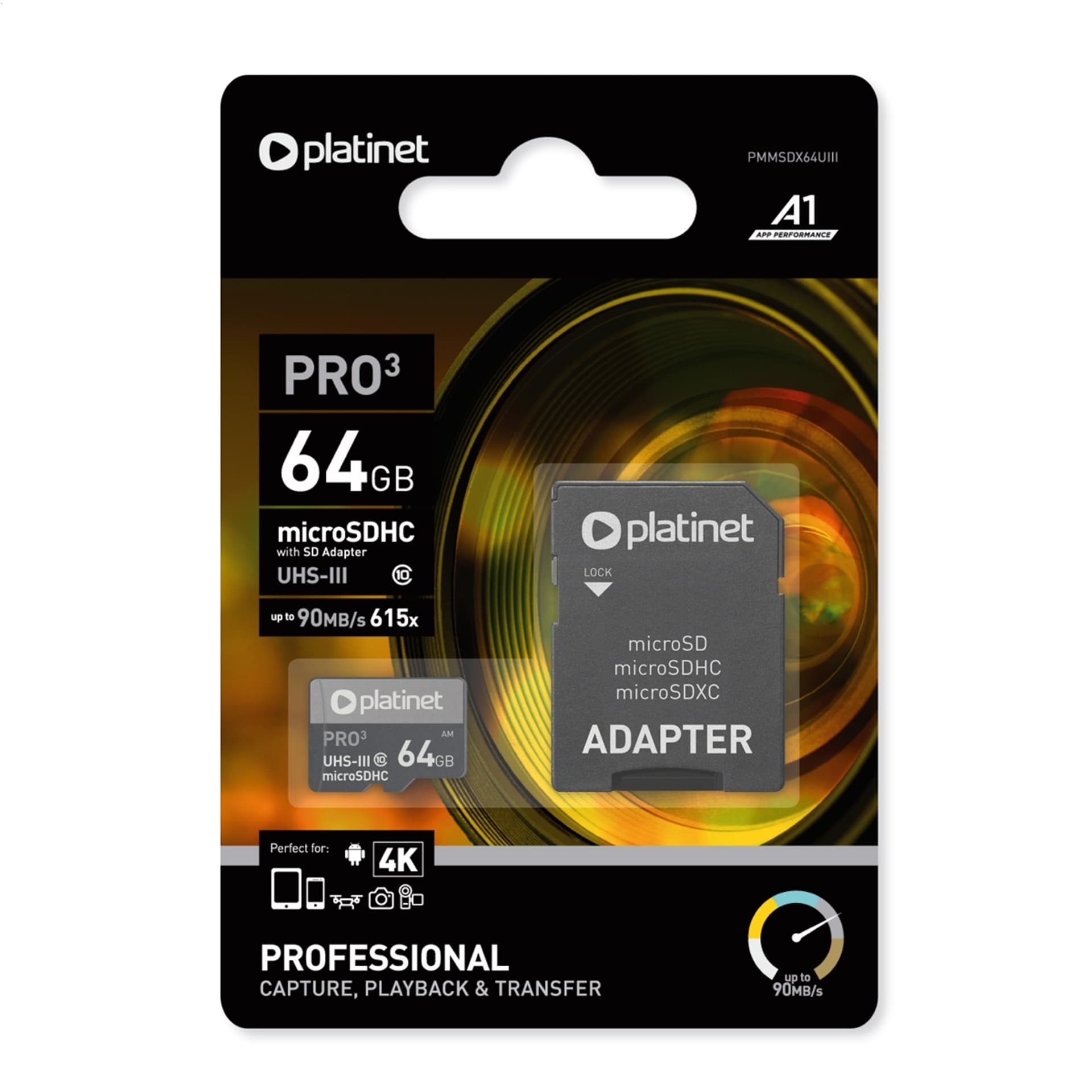 

PLATINET microSDXC SECURE DIGITAL + ADAPTER SD 64GB class10 U3 A1 90MB/s [43999]