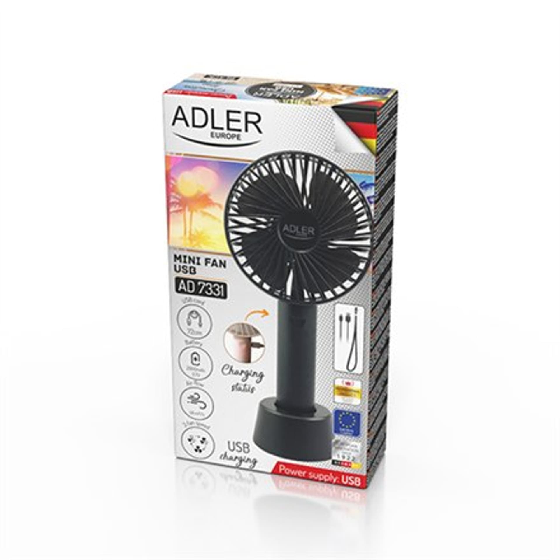

Adler Fan AD 7331b Przenośny miniwentylator USB, ilość prędkości 3, 4,5 W, średnica 9 cm, czarny