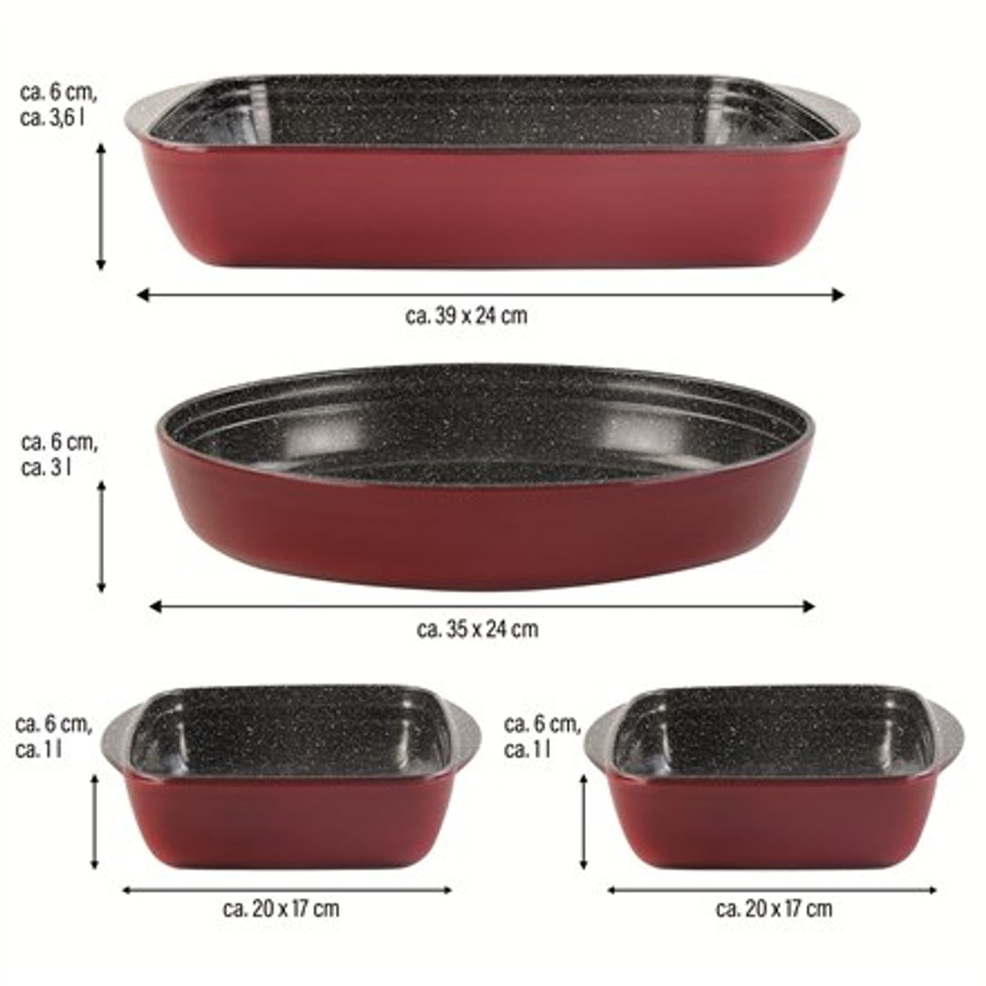 

Stoneline Casserole dish set of 4pcs 21789 1+1+3+3.6 L, 20x17/35x24/39x24 cm, Borosilicate glass, Red, Dishwasher proof