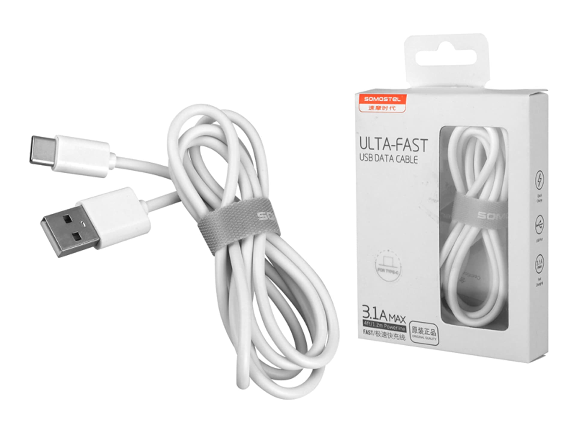 

1 szt. Kabel USB-C Somostel Powerline SMS-BP02, 3 A, Quick Charger, 1,2 m, biały.