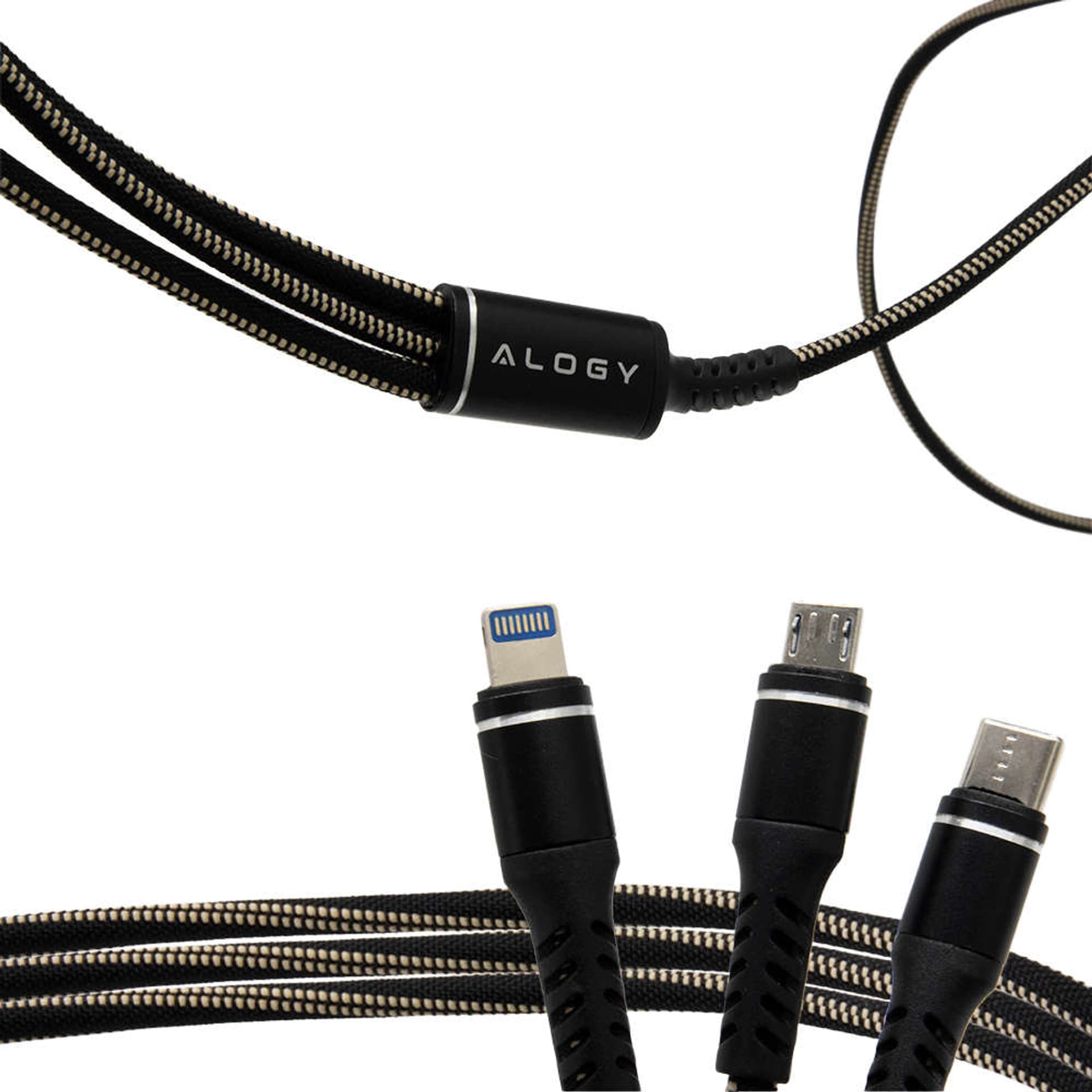 

Kabel Alogy Nylon 3w1 USB-C Typ C Lightning micro USB 5A Black