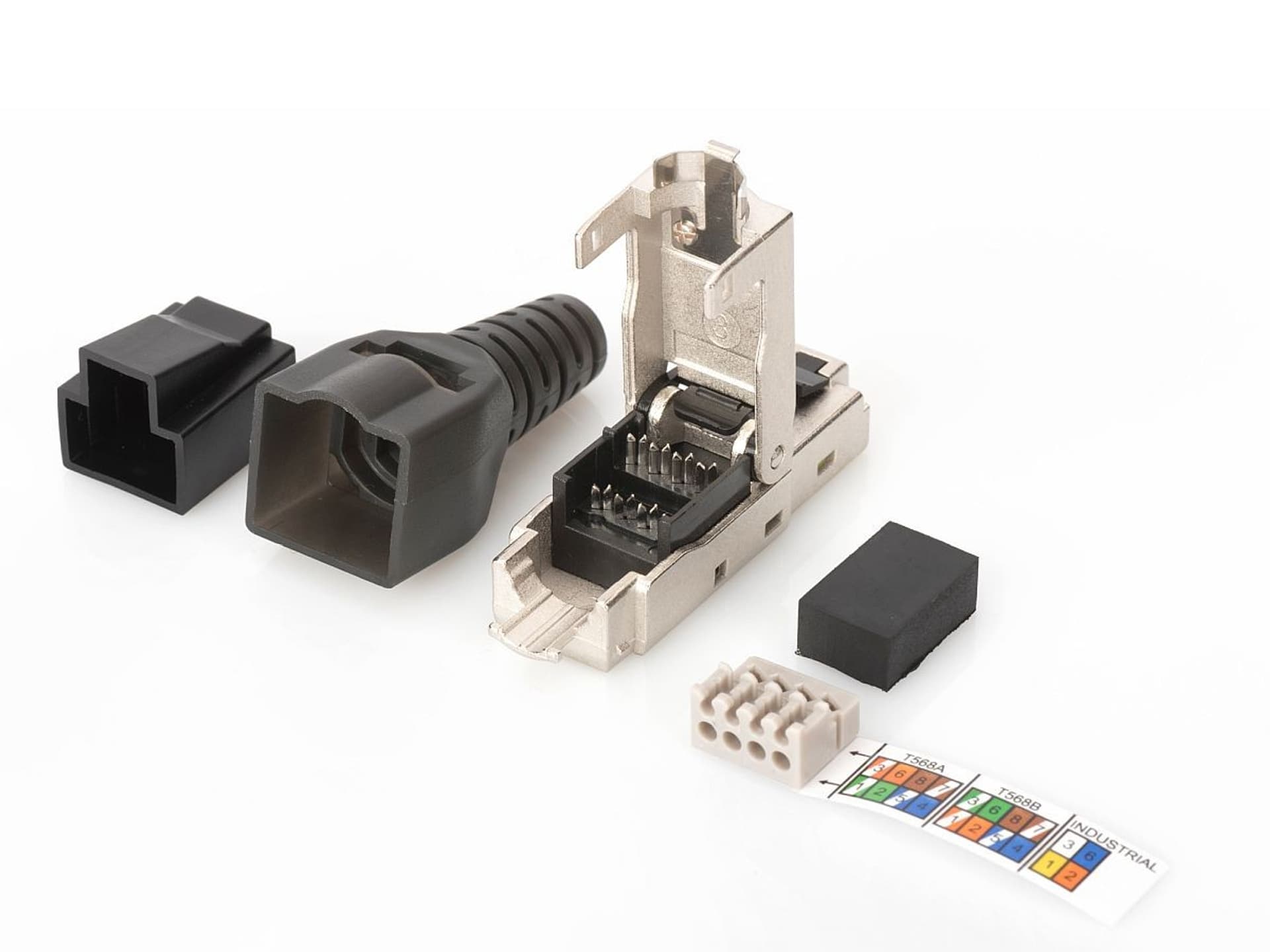 

Wtyk modularny RJ45 kat.6A, PoE+, 10GbE, STP, ekranowany, metalowy, beznarzędziowy, AWG 27-22, zaślepka