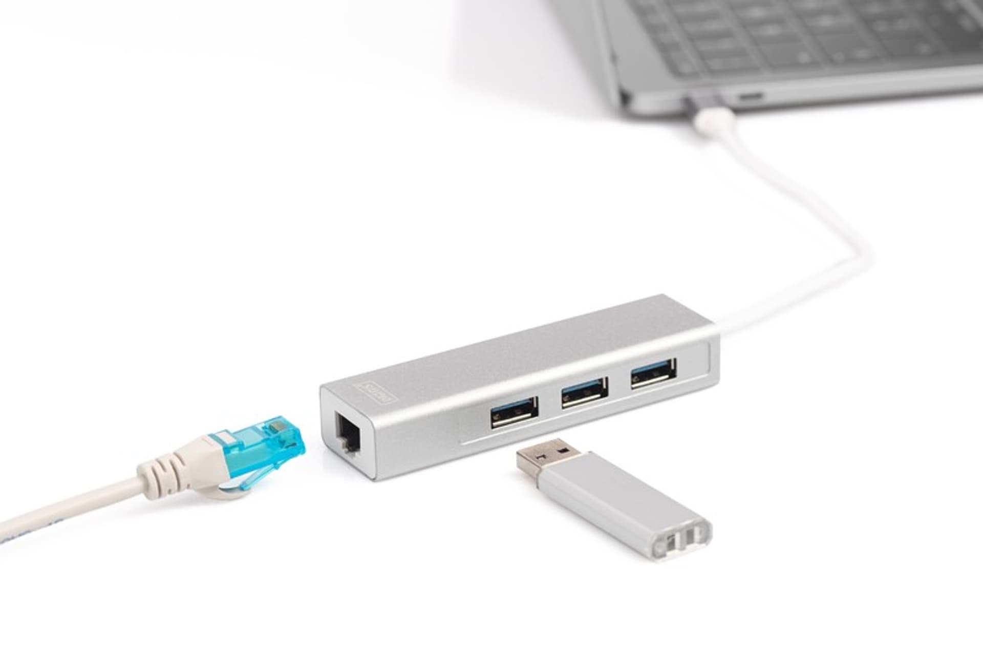 

HUB/Koncentrator 3-portowy USB Typ C, 3x USB A HighSpeed z Gigabit LAN adapter, aluminium