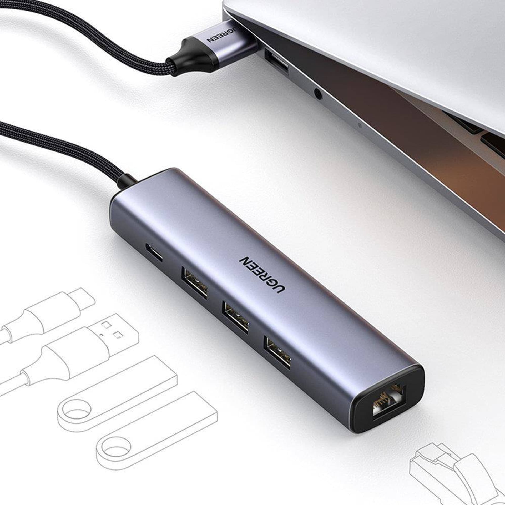 

Adapter UGREEN 5w1 USB-A do 3x USB 3.0 + RJ45 + USB-C (srebrny)