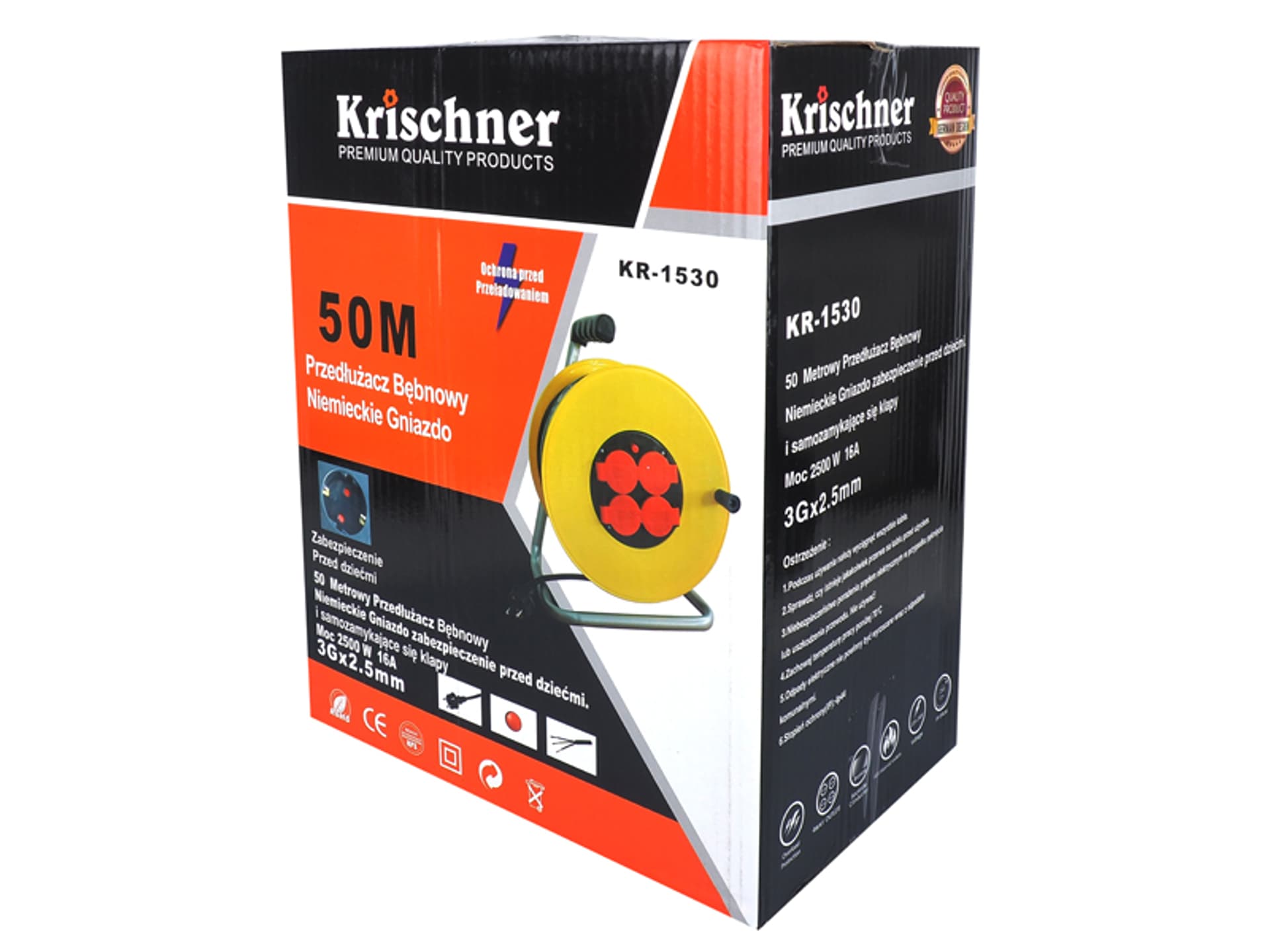 

1 szt. PS Przedłużacz bębnowy Krischner izol. guma 4x2p+Z, 16A3x2,5mm 50m z klapką