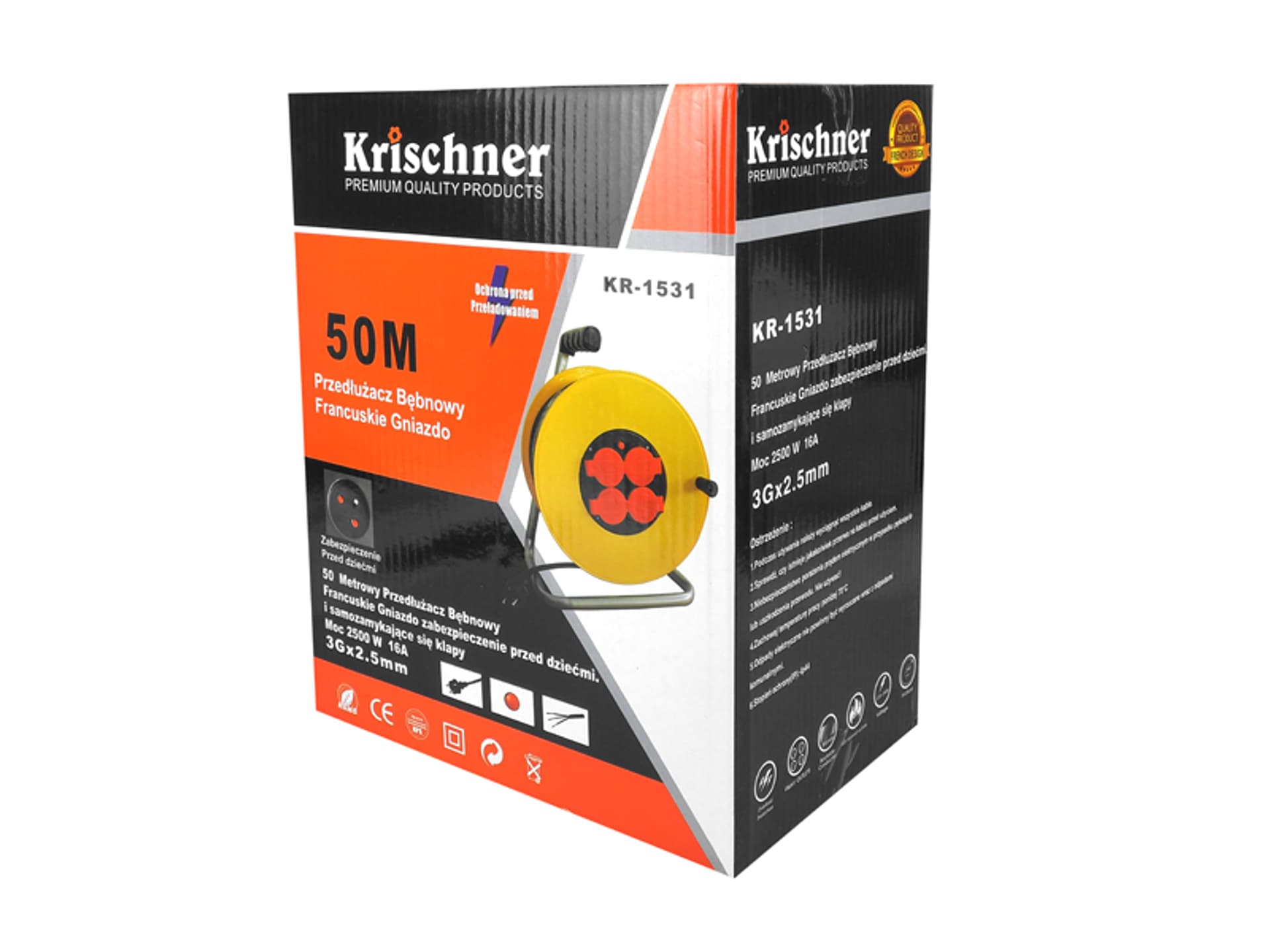 

1 szt. Przedłużacz bębnowy Krischner izol. guma 4x2p+Z, 16A3x2,5mm 50m z klapką
