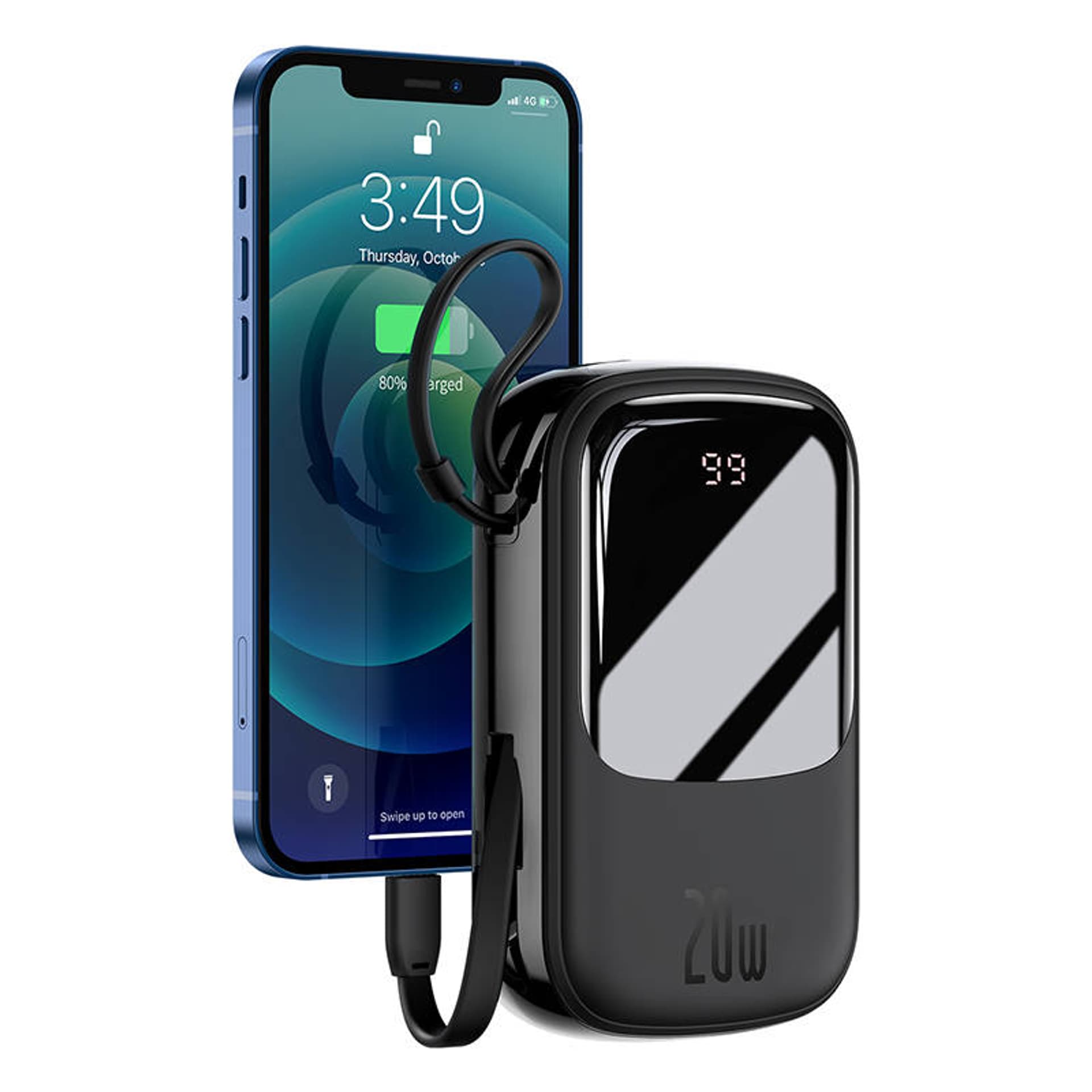 

Powerbank Baseus Qpow z kablem Lightning, USB-C, USB, 20000mAh, 20W (czarny)