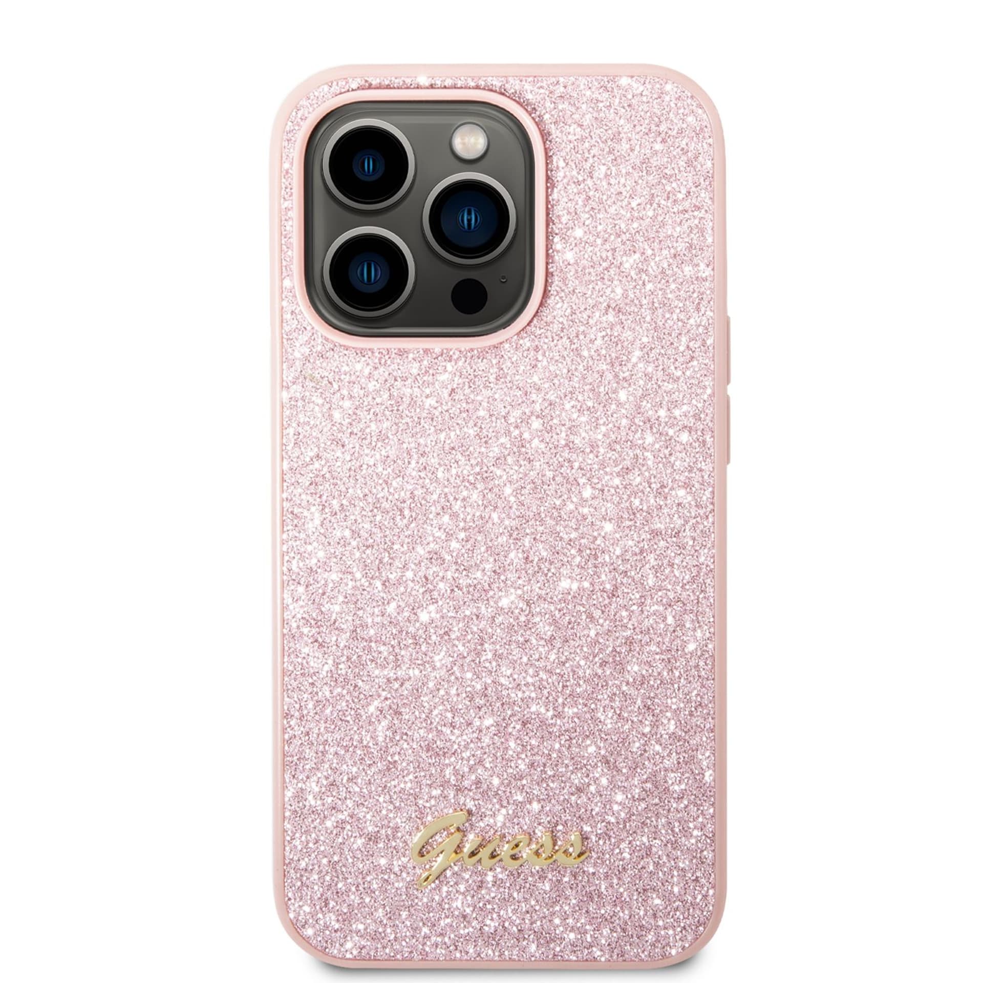 

Guess Glitter Flakes Metal Logo Case – Etui iPhone 14 Pro (różowy)