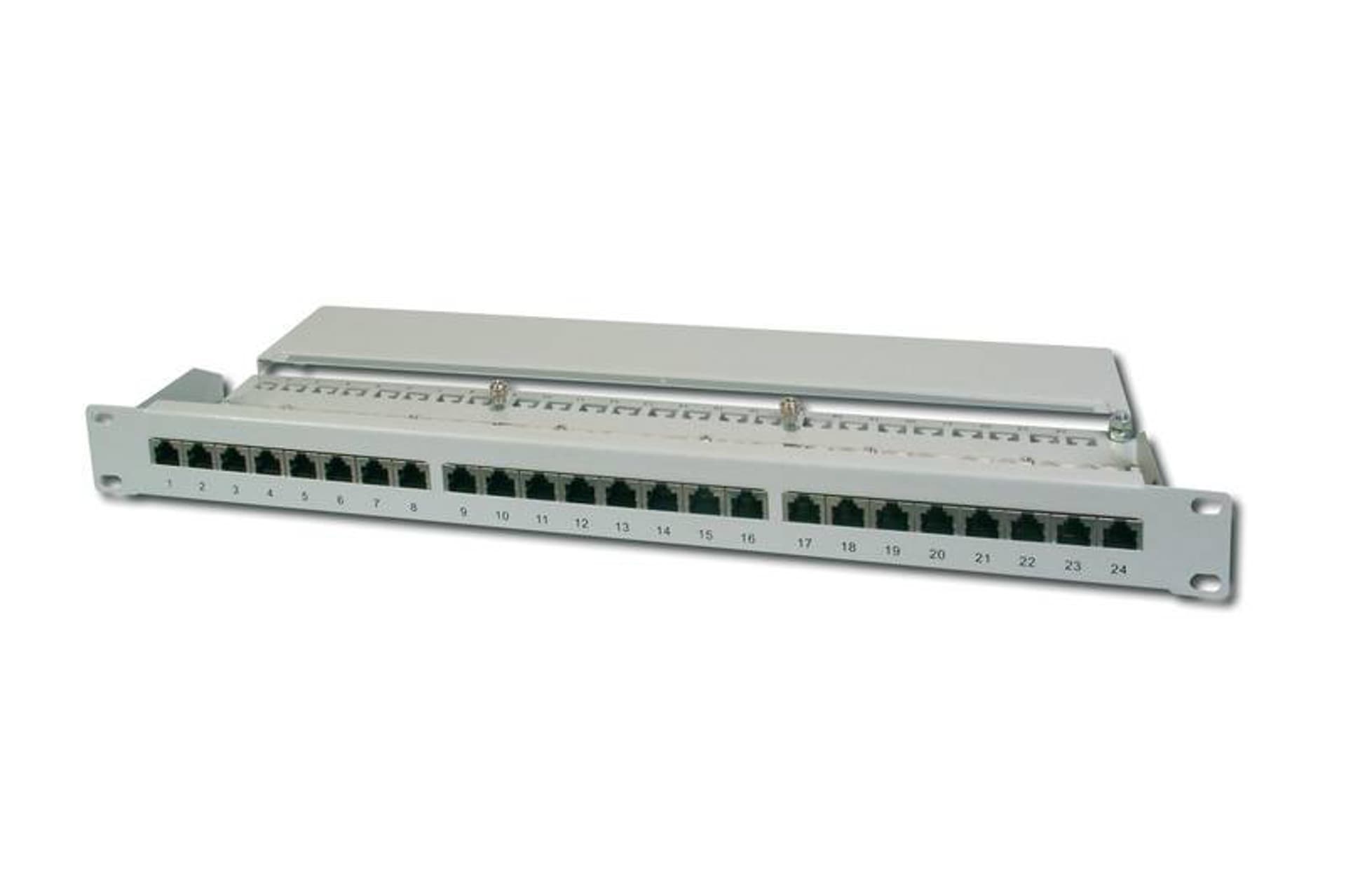

Patch panel 19" 24 porty, kat.5e, S/FTP, 1U, wspornik kablowy, szary (kompletny)