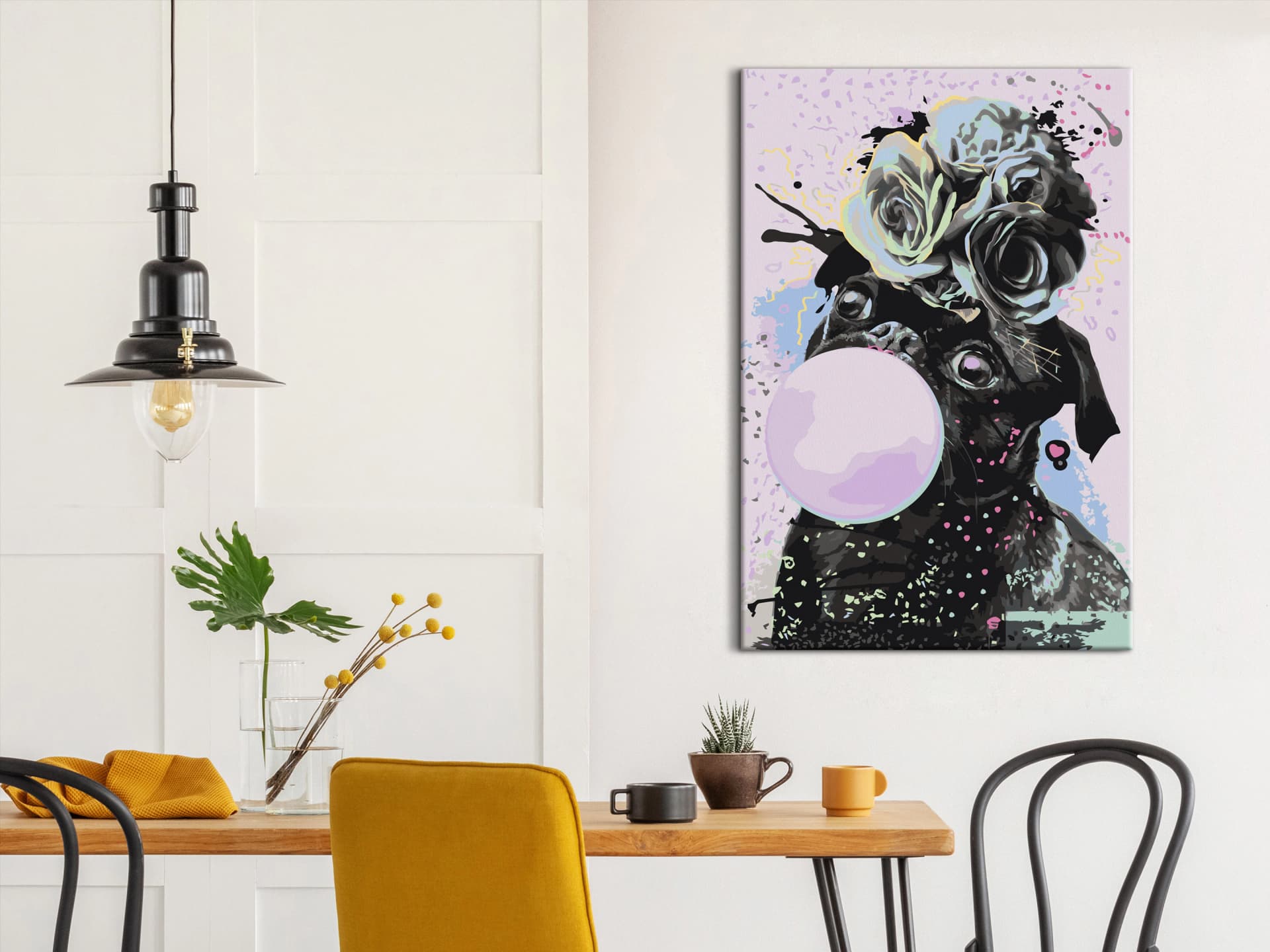 

Obraz do samodzielnego malowania - Mops z gumą balonową (rozmiar 40x60)