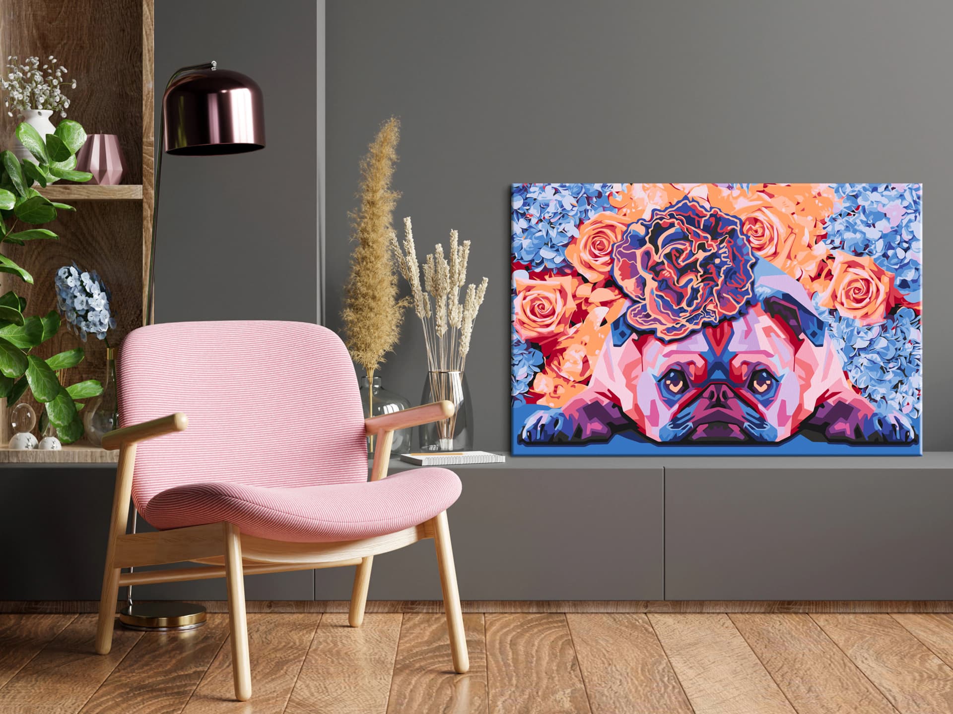 

Obraz do samodzielnego malowania - Kwiatowy mops (rozmiar 60x40)
