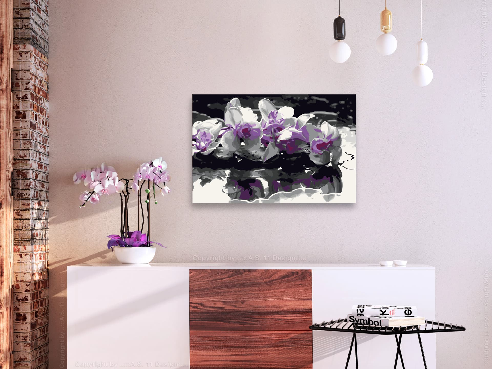 

Obraz do samodzielnego malowania - Fioletowa orchidea (czarne tło i odbicie w wodzie) (rozmiar 60x40)