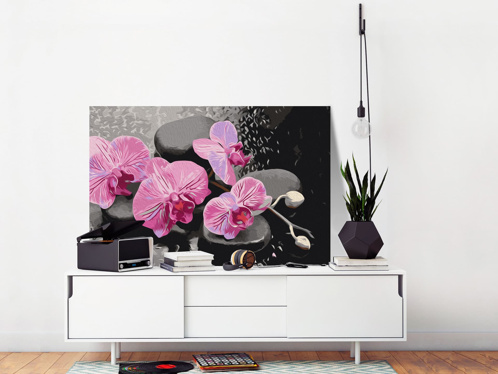 

Obraz do samodzielnego malowania - Orchidea i kamienie zen (czarne tło) (rozmiar 60x40)