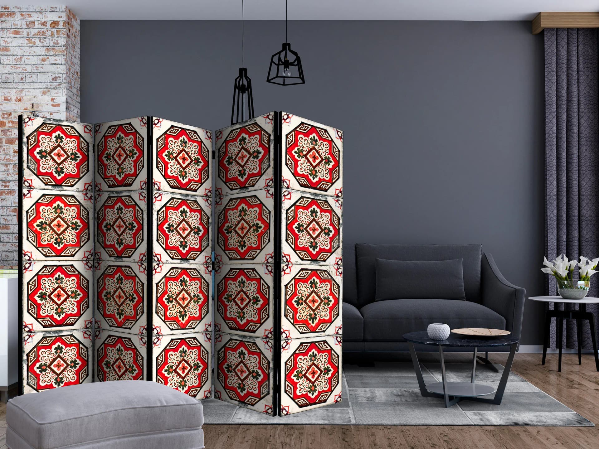 

Parawan 5-częściowy - Taniec czerwonych linii II [Room Dividers] (rozmiar 225x172)