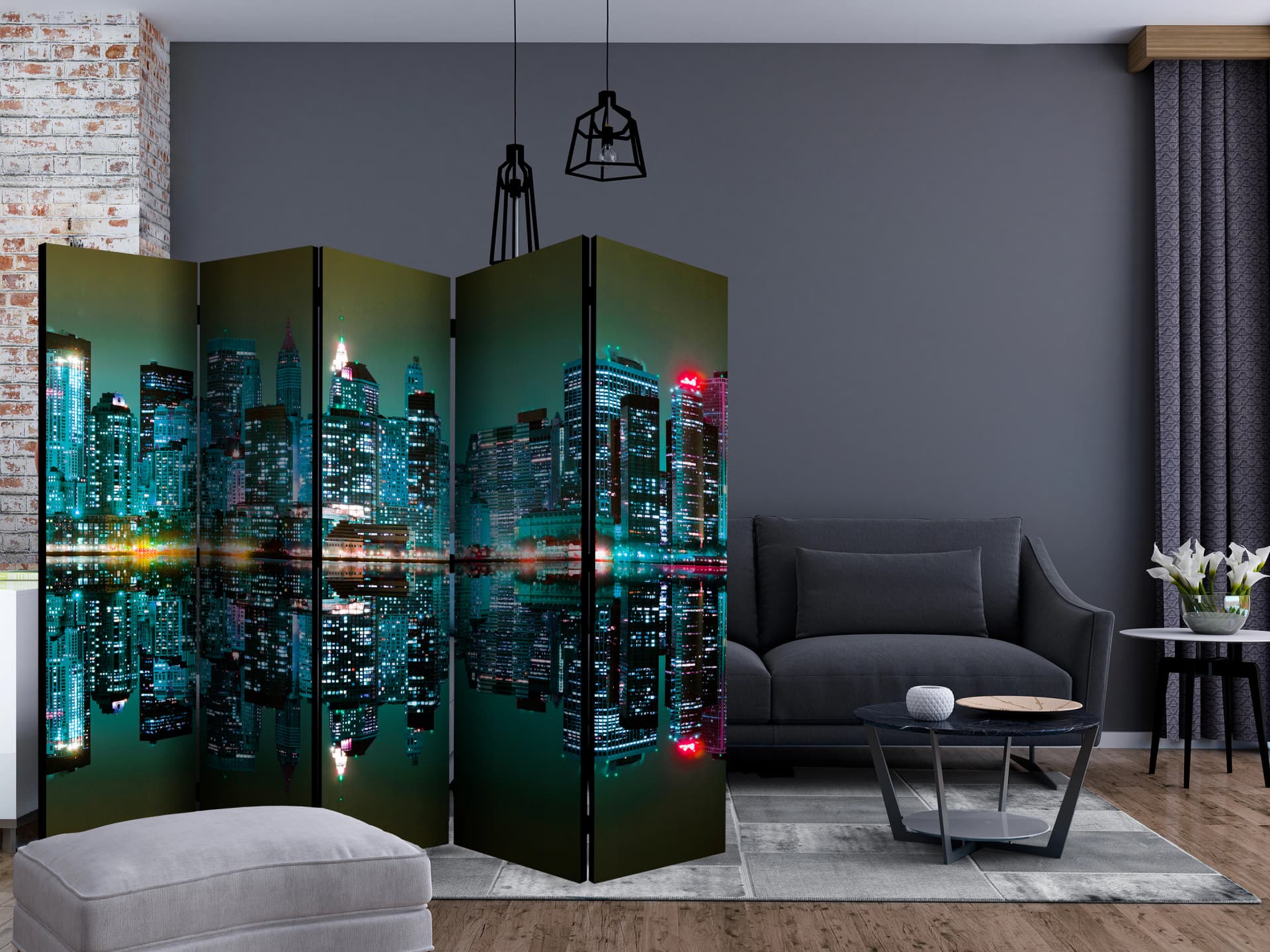 

Parawan 5-częściowy - Gold reflections - NYC II [Room Dividers] (rozmiar 225x172)