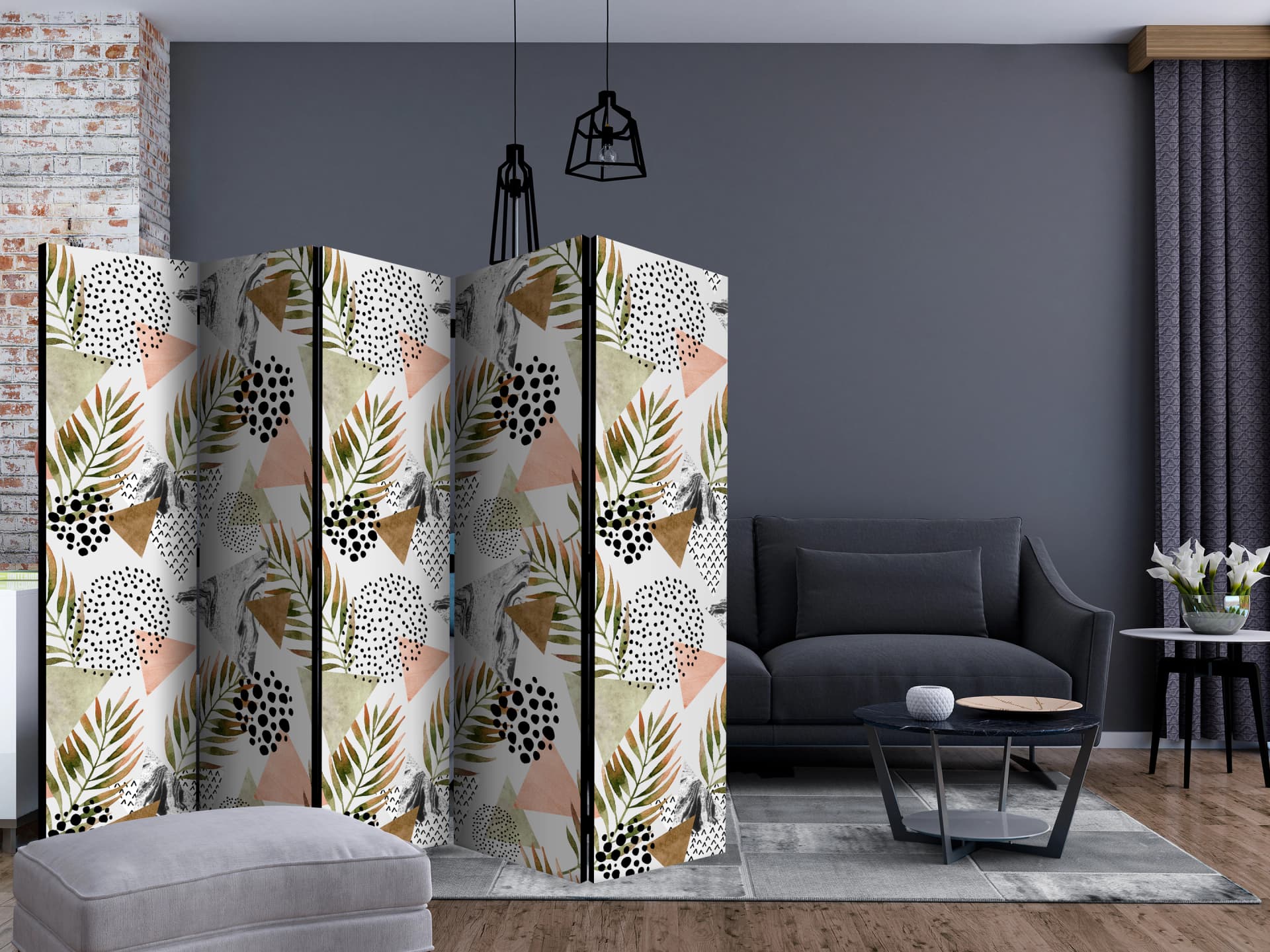 

Parawan 5-częściowy - Tropikalna geometria II [Room Dividers] (rozmiar 225x172)