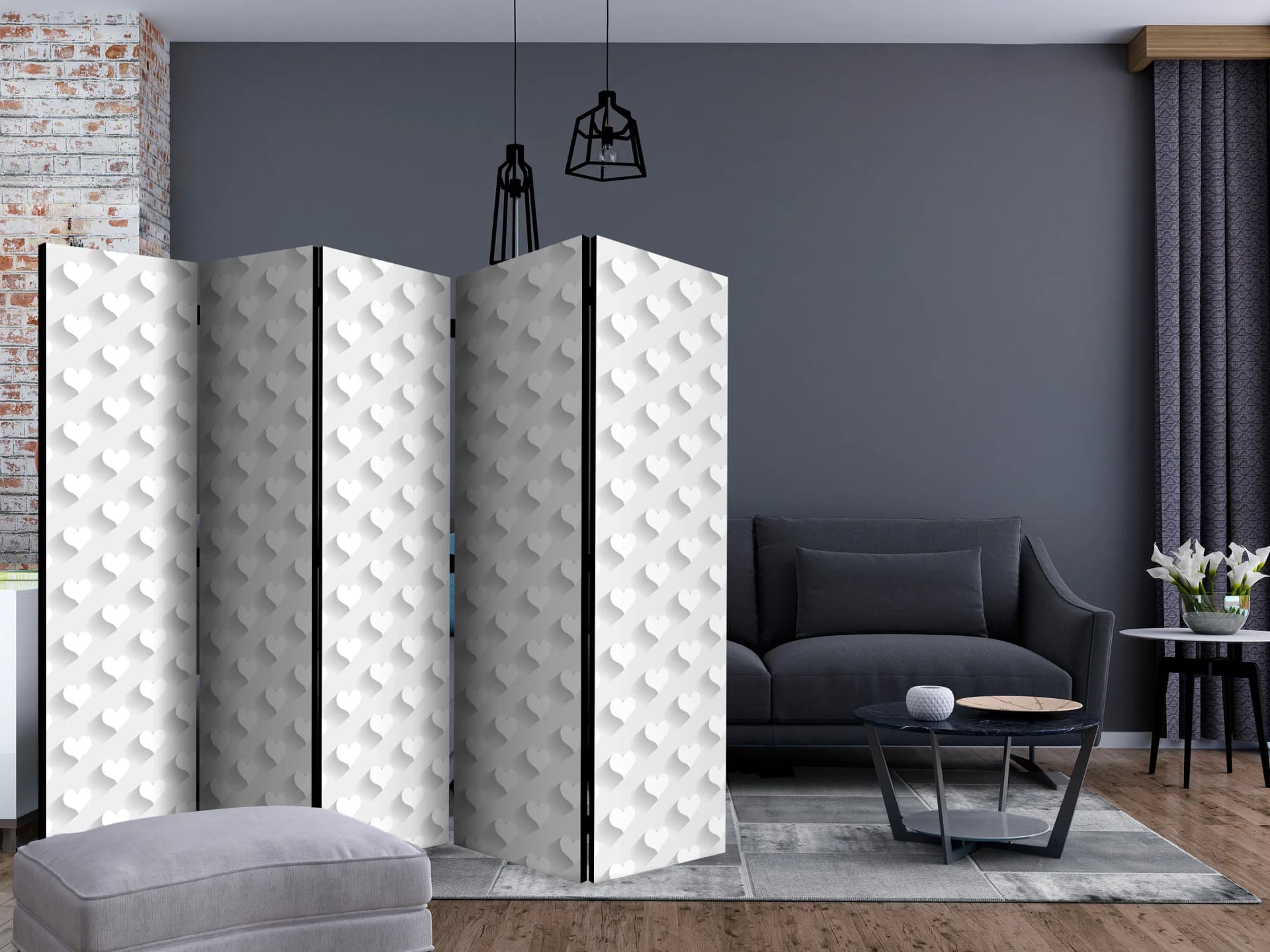 

Parawan 5-częściowy - Szare serduszka II [Room Dividers] (rozmiar 225x172)