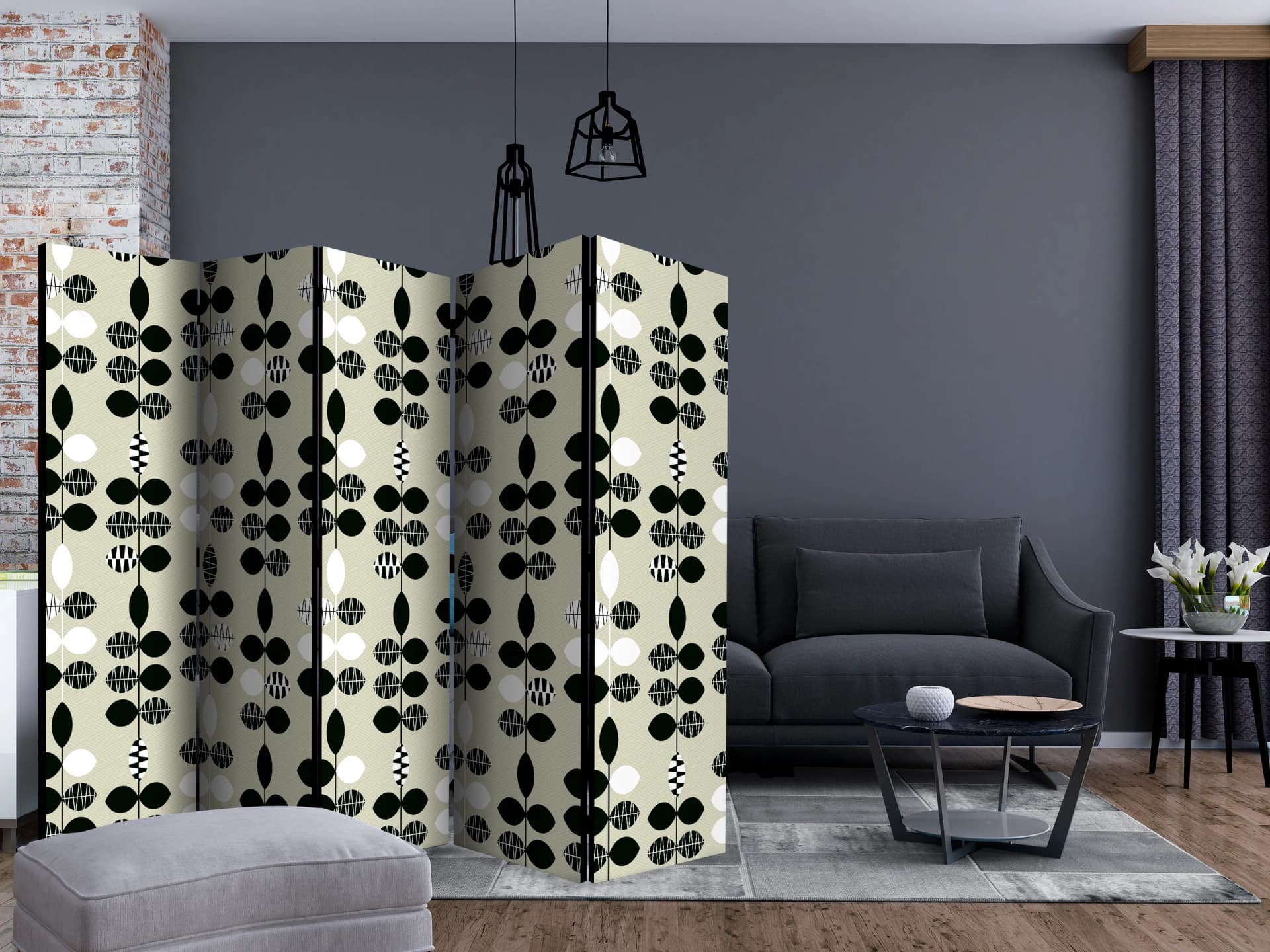 

Parawan 5-częściowy - Czarno-białe kropki II [Room Dividers] (rozmiar 225x172)
