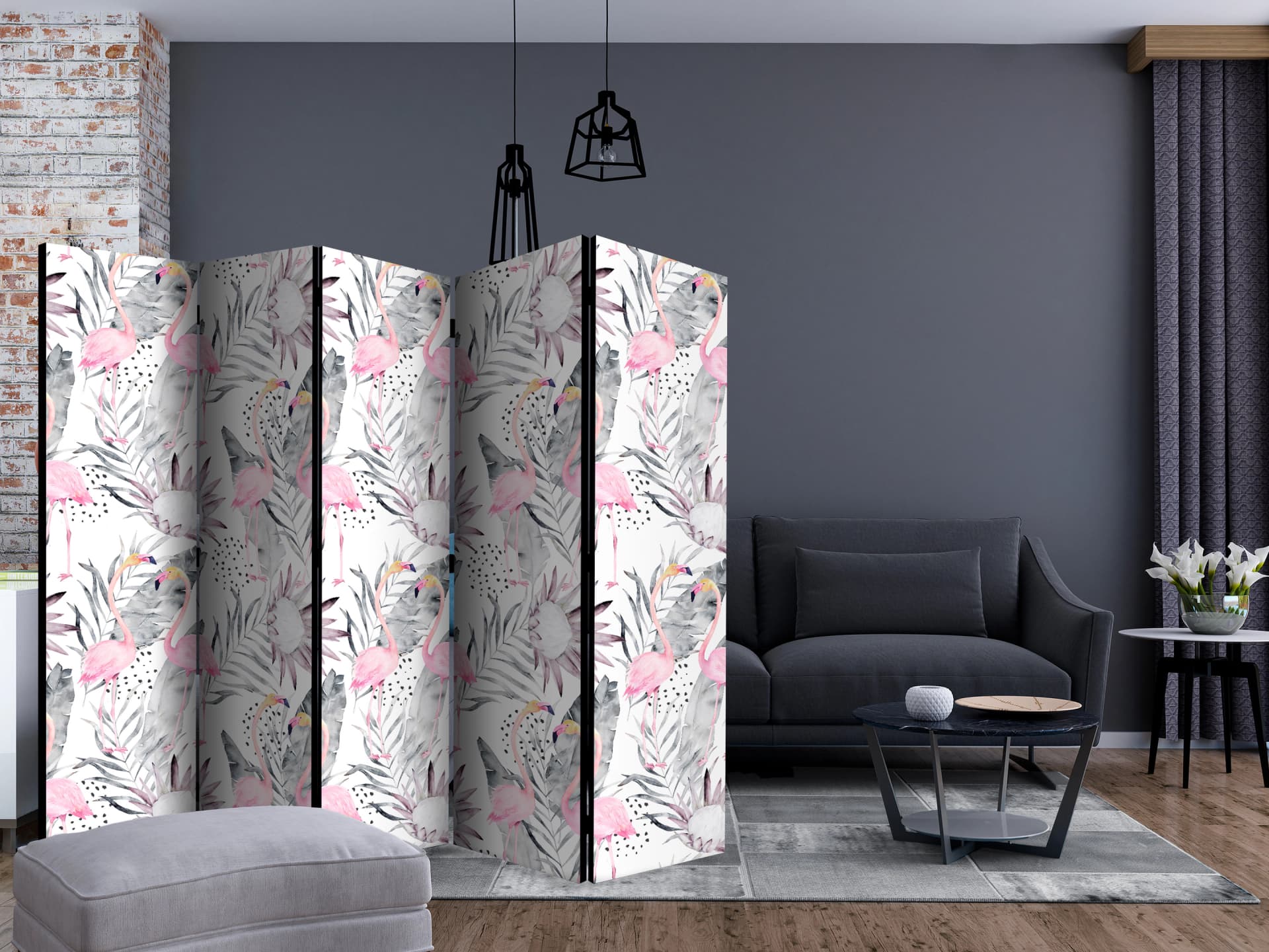 

Parawan 5-częściowy - Flamingi i gałązki II [Room Dividers] (rozmiar 225x172)