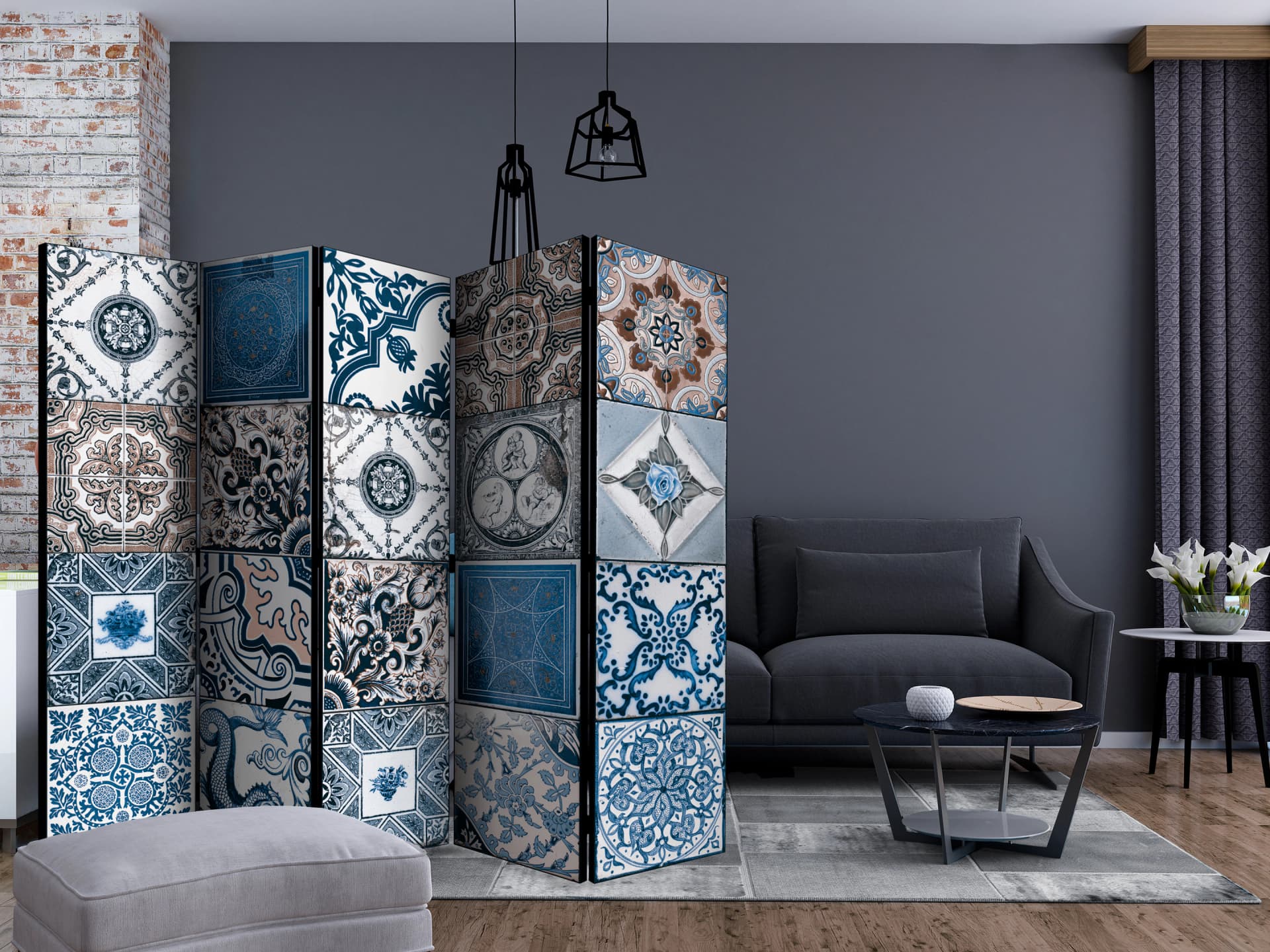 

Parawan 5-częściowy - Niebieska arabeska II [Room Dividers] (rozmiar 225x172)