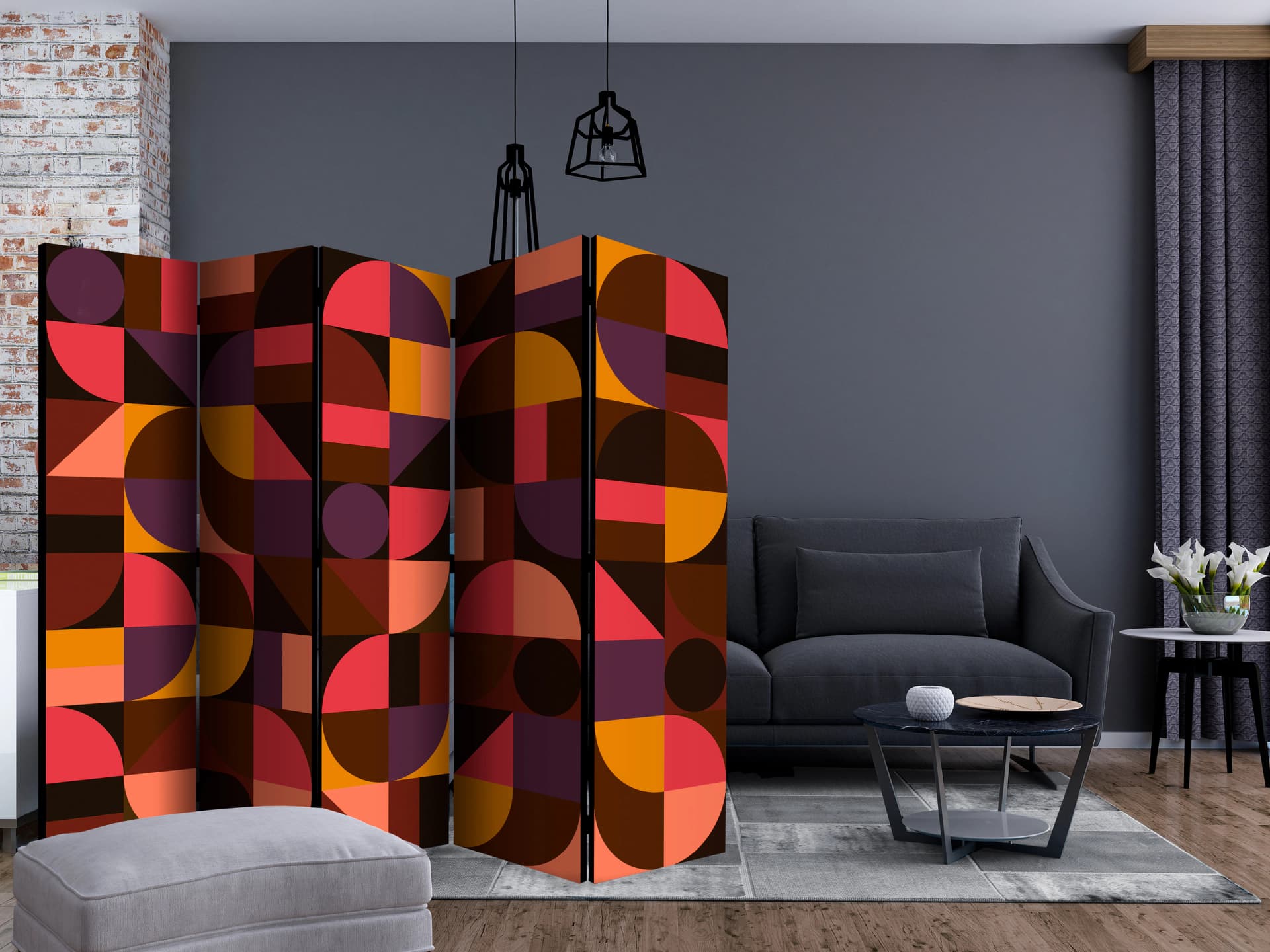 

Parawan 5-częściowy - Geometryczna mozaika (czerwony) II [Room Dividers] (rozmiar 225x172)