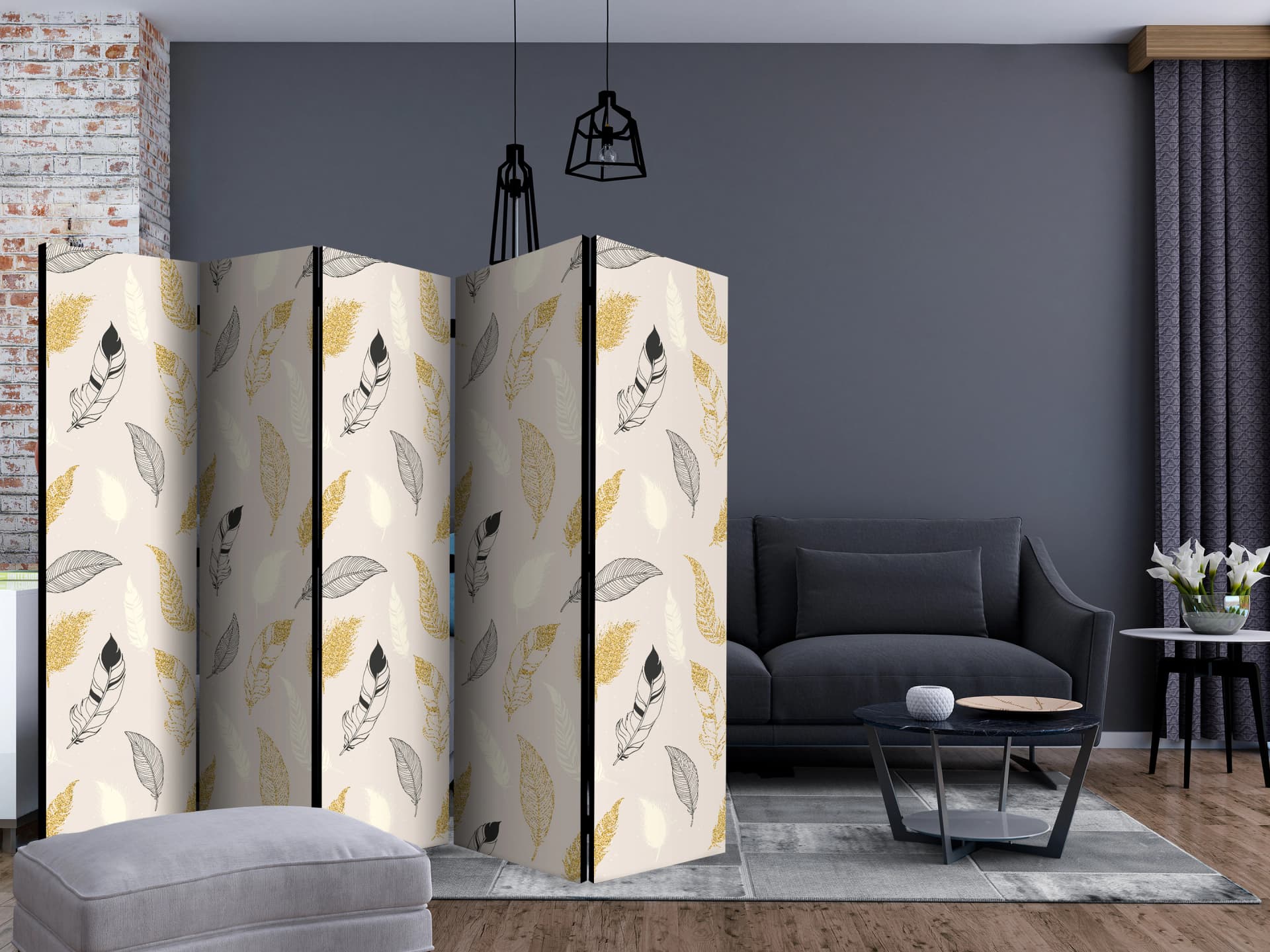 

Parawan 5-częściowy - Złote piórka II [Room Dividers] (rozmiar 225x172)