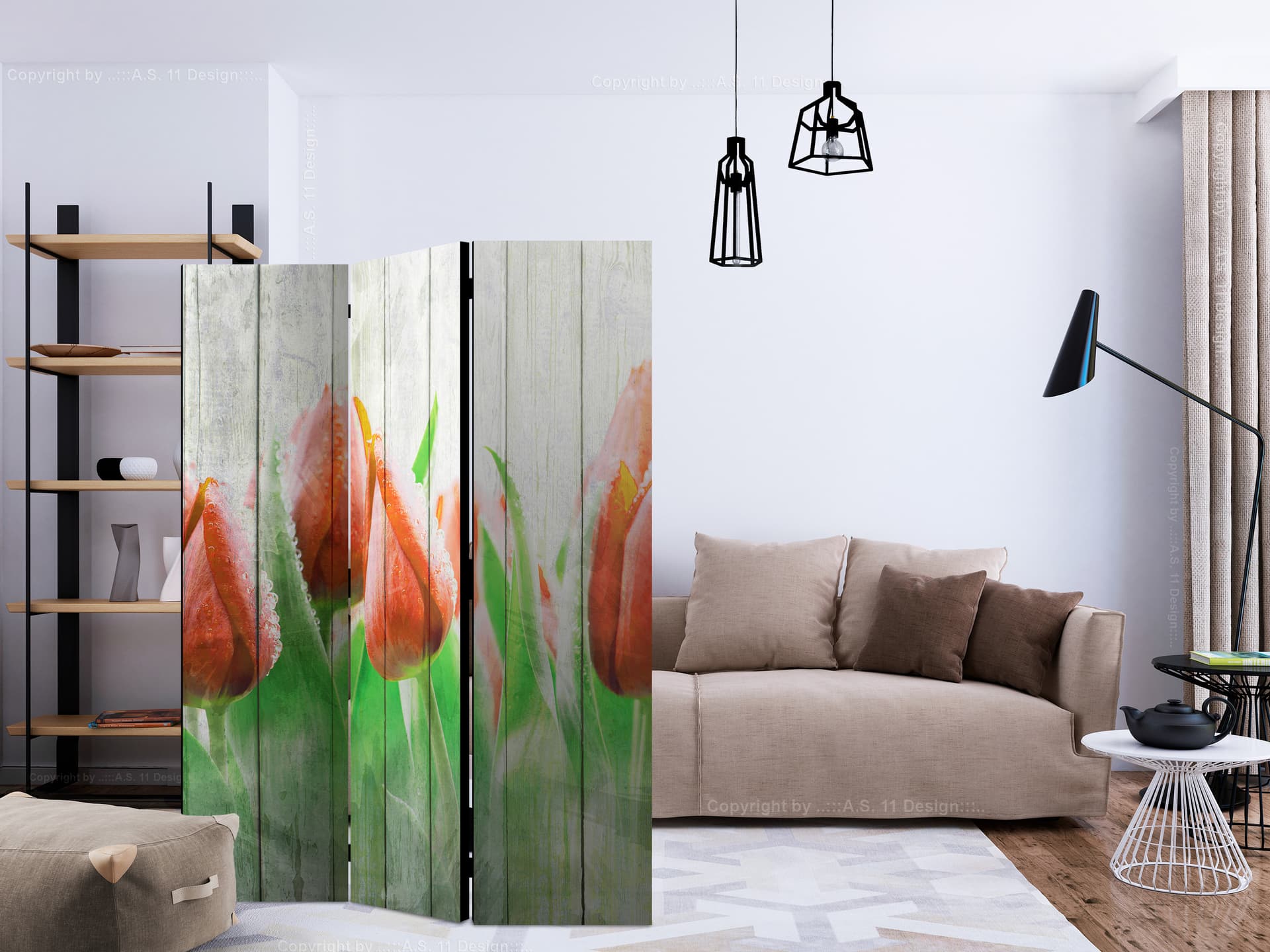 

Parawan 3-częściowy - Czerwone tulipany na drewnie [Room Dividers] (rozmiar 135x172)