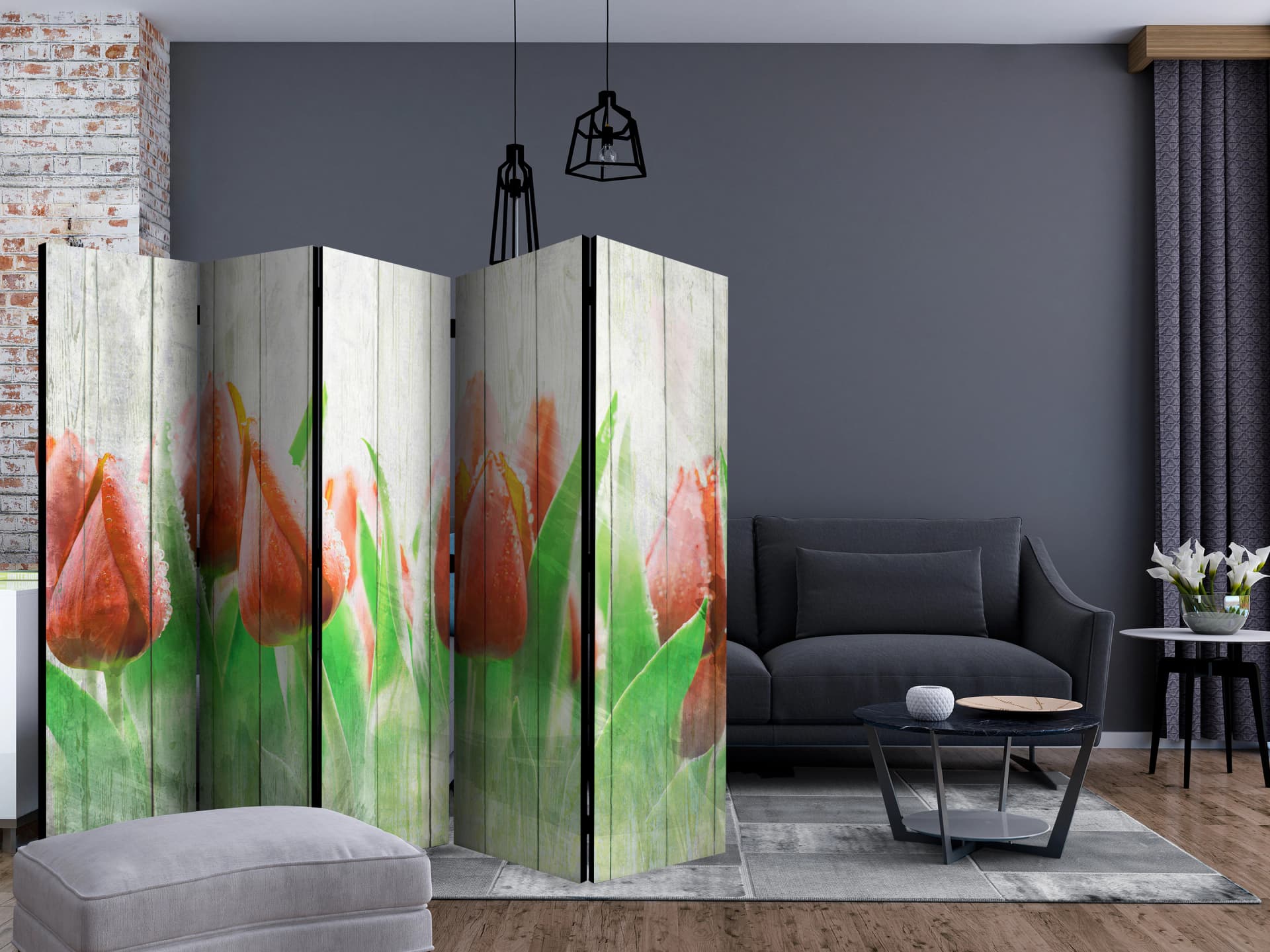 

Parawan 5-częściowy - Czerwone tulipany na drewnie II [Room Dividers] (rozmiar 225x172)