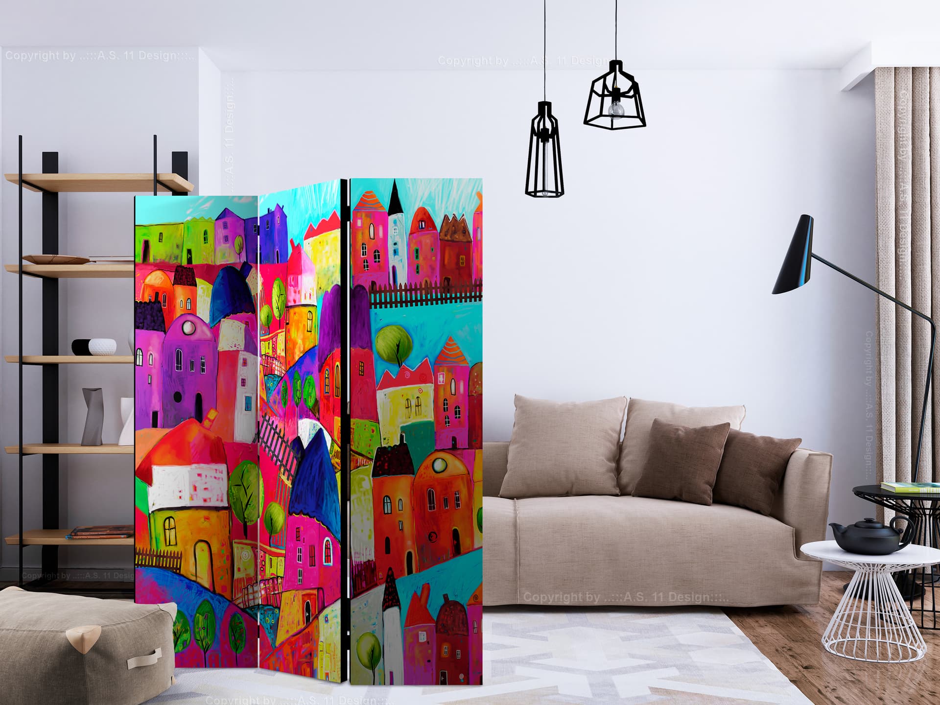 

Parawan 3-częściowy - Tęczowe miasteczko [Room Dividers] (rozmiar 135x172)