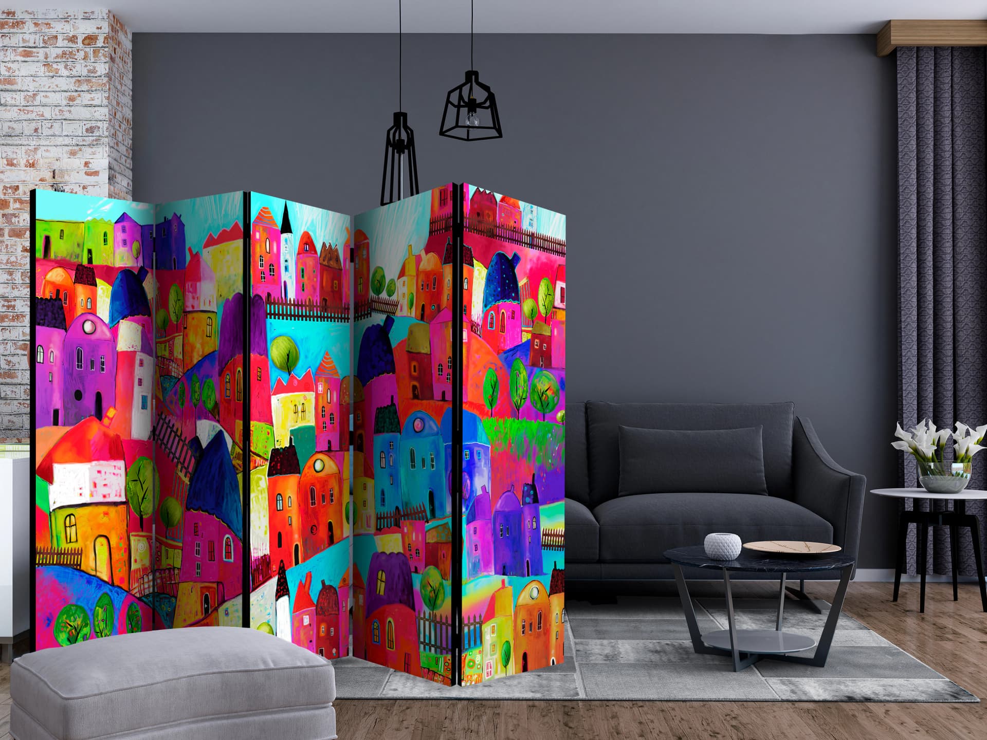 

Parawan 5-częściowy - Tęczowe miasteczko II [Room Dividers] (rozmiar 225x172)