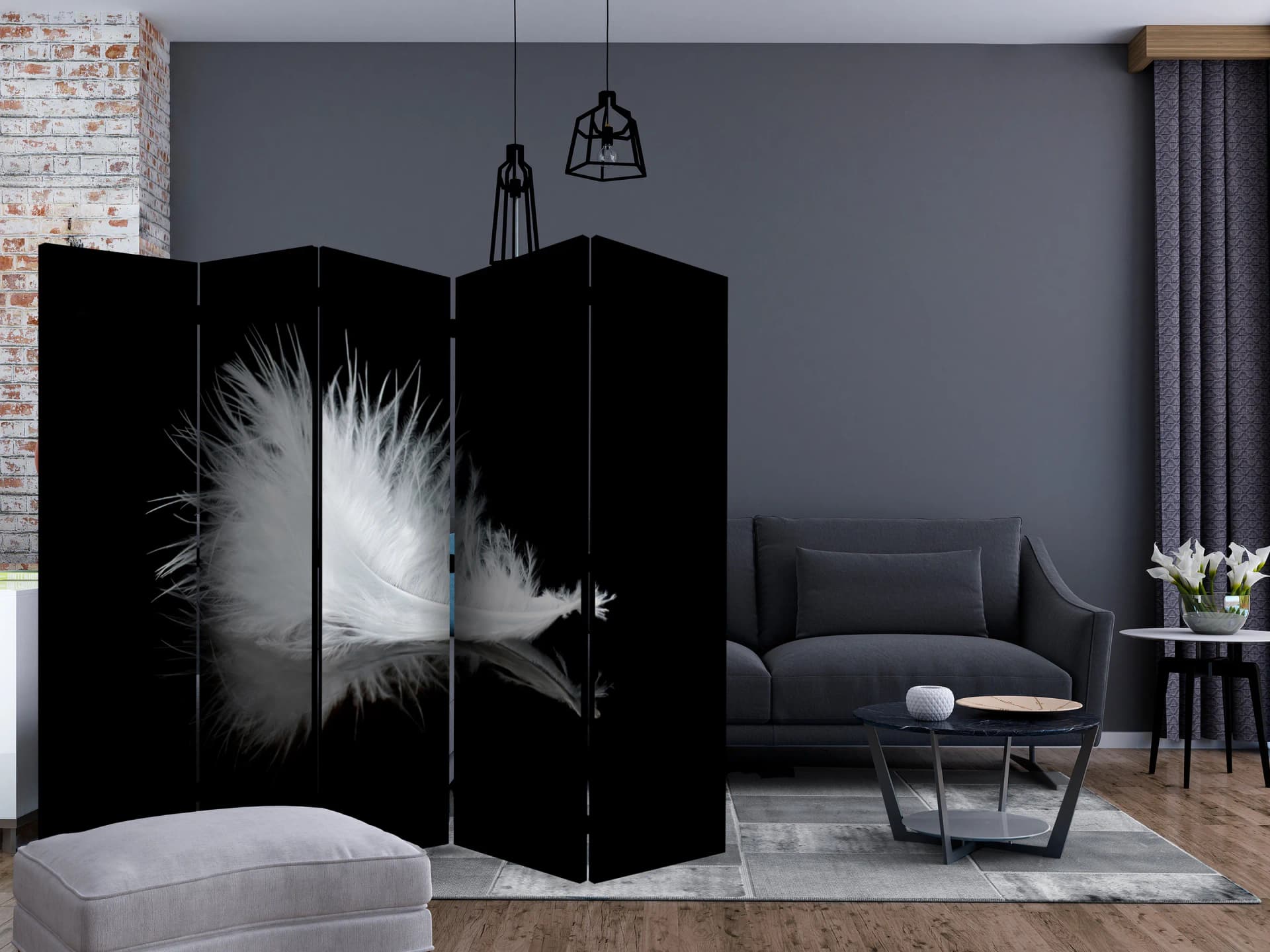 

Parawan 5-częściowy - White feather II [Room Dividers] (rozmiar 225x172)