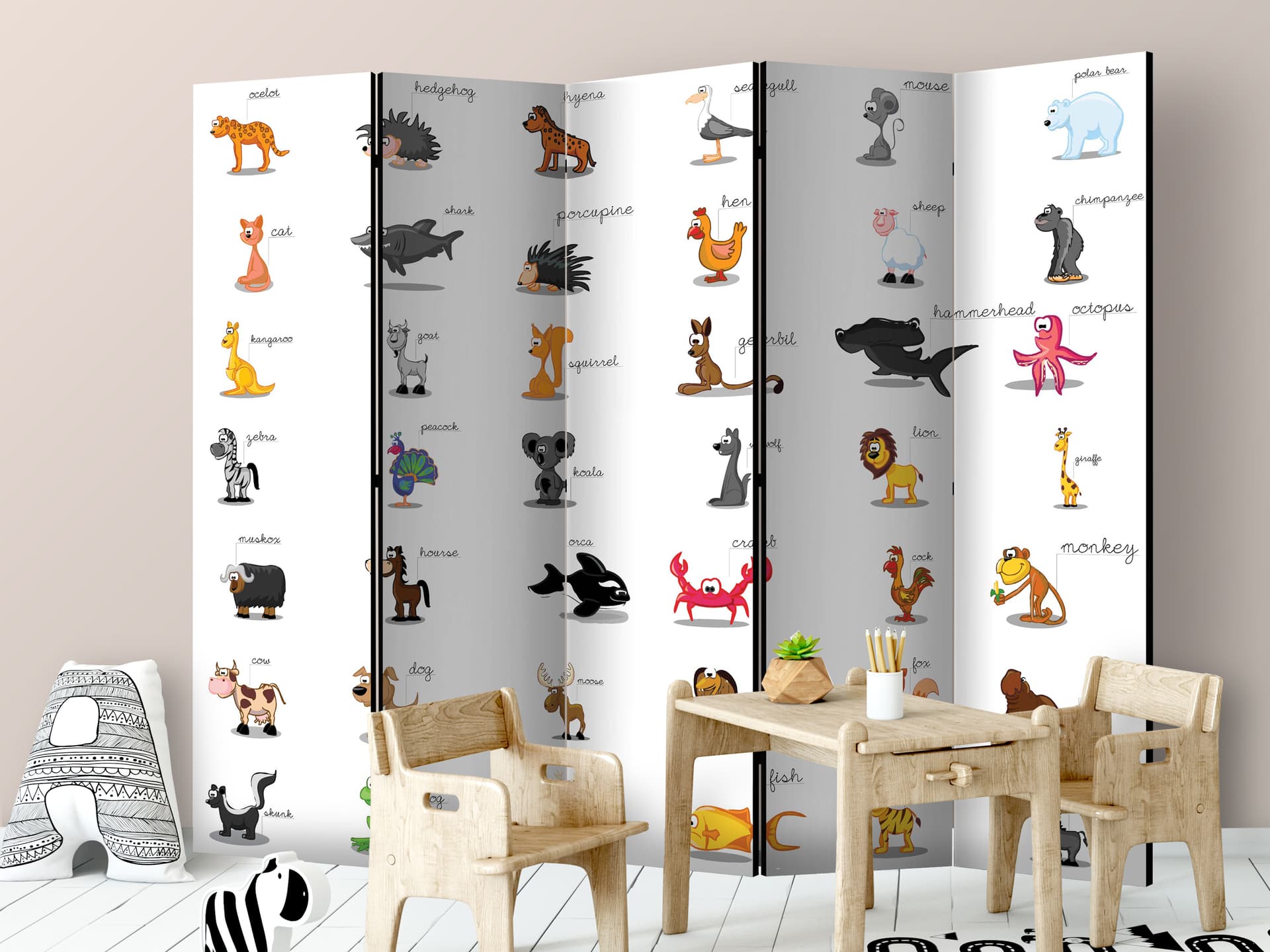 

Parawan 5-częściowy - Learning by playing (animals) II [Room Dividers] (rozmiar 225x172)